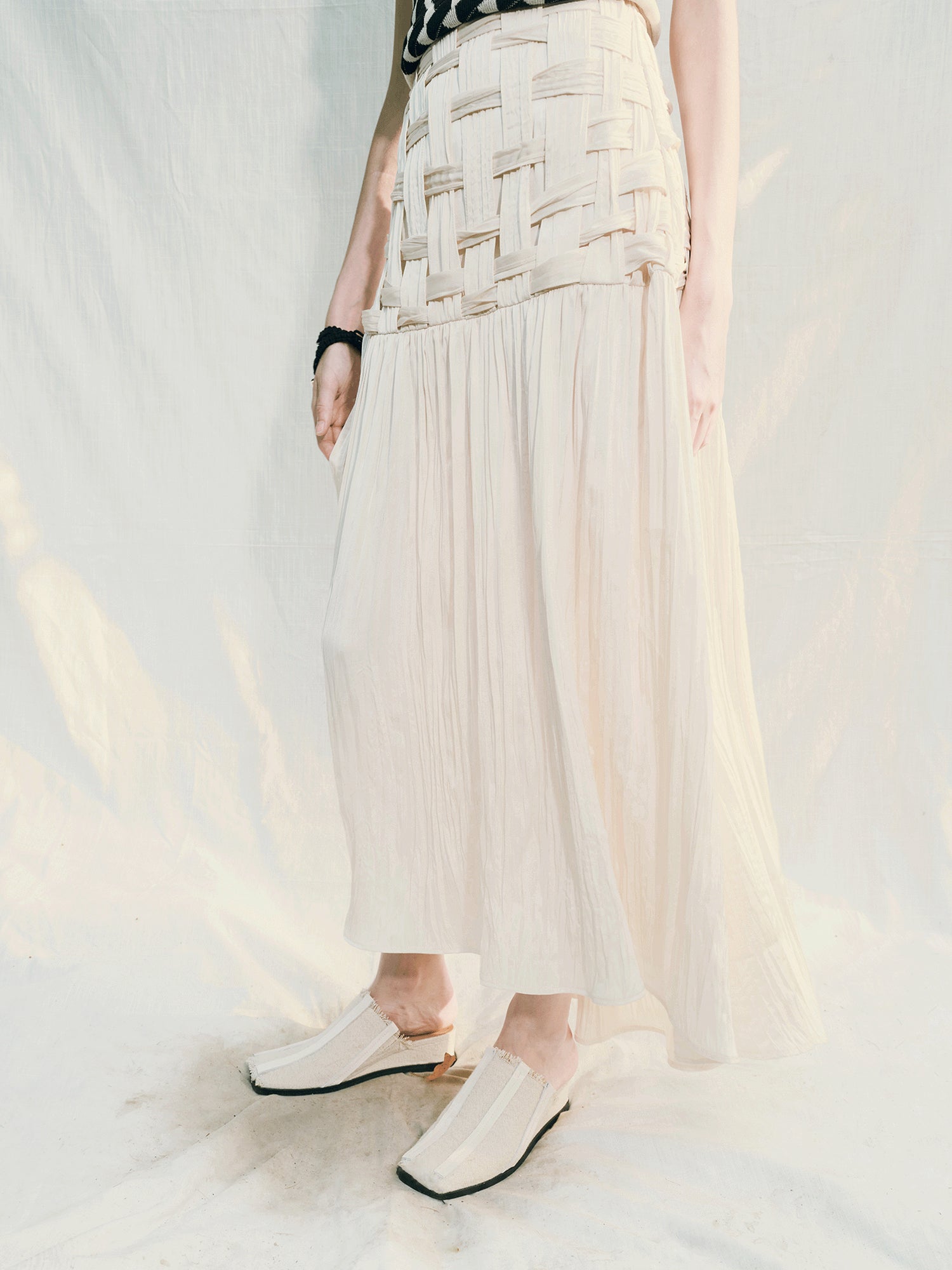 AnnoMundi Handwoven Texture A Line Midi Skirt With Asymmetric Hem