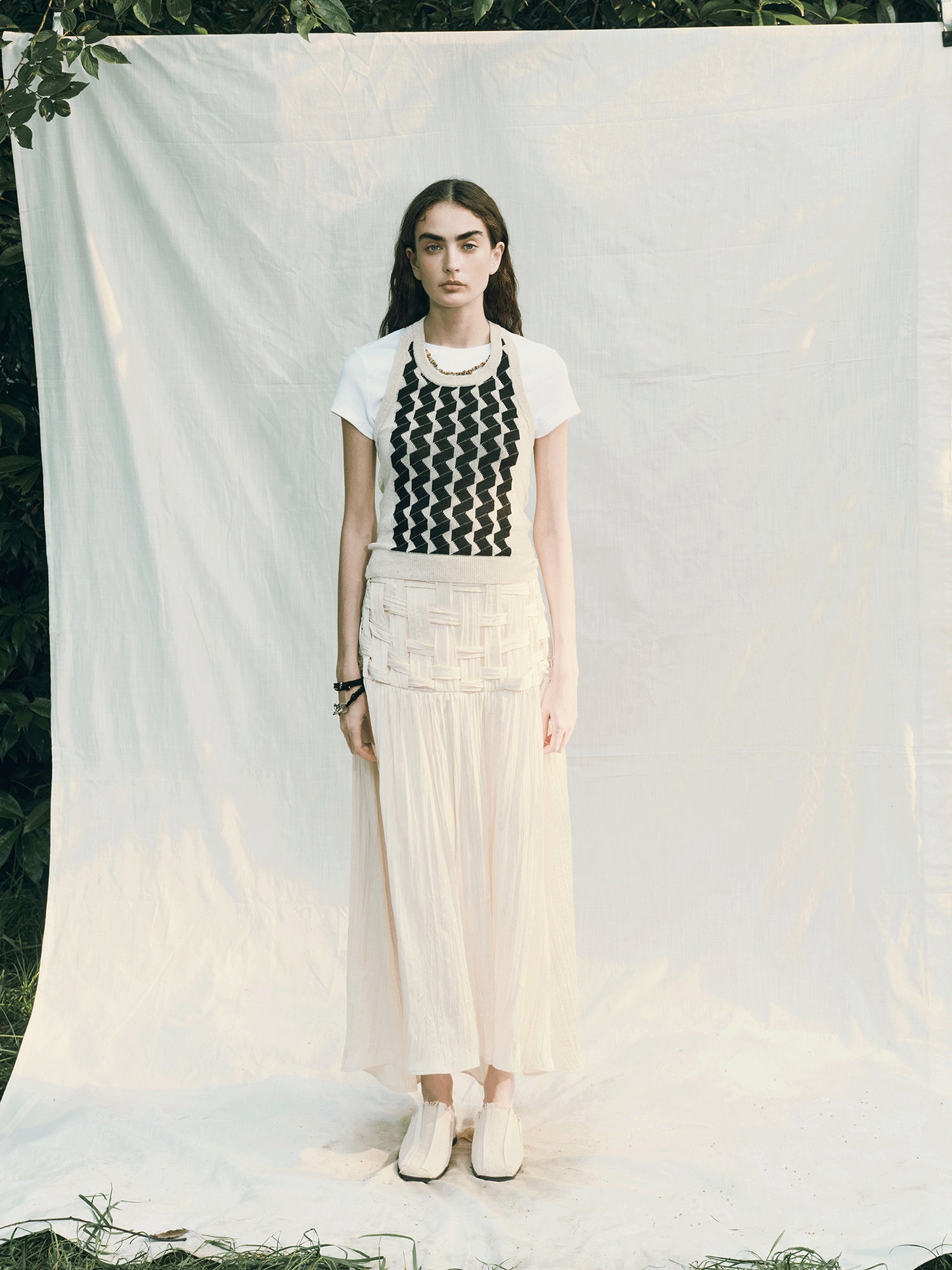 AnnoMundi Handwoven Texture A Line Midi Skirt With Asymmetric Hem