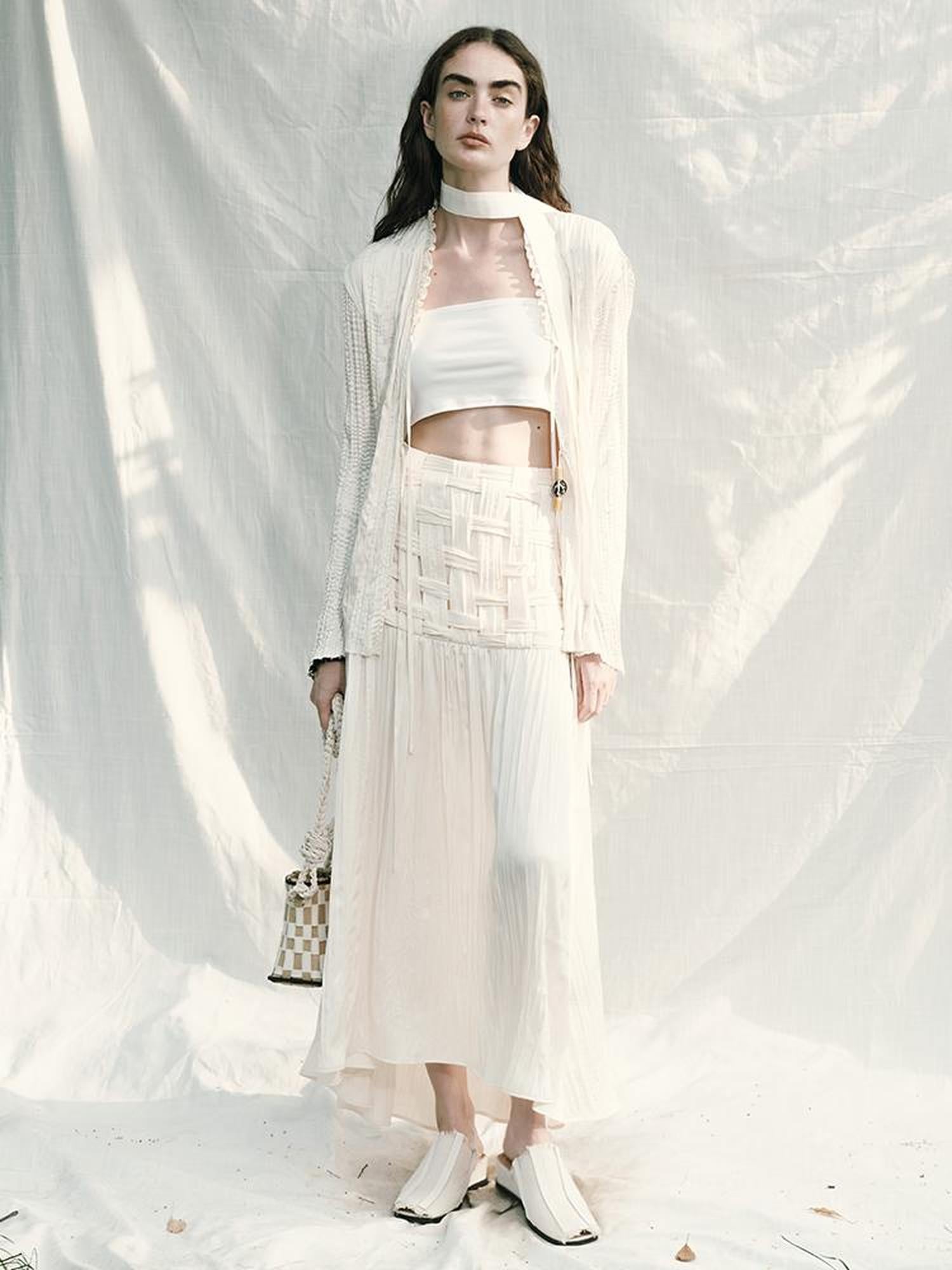 AnnoMundi Handwoven Texture A Line Midi Skirt With Asymmetric Hem
