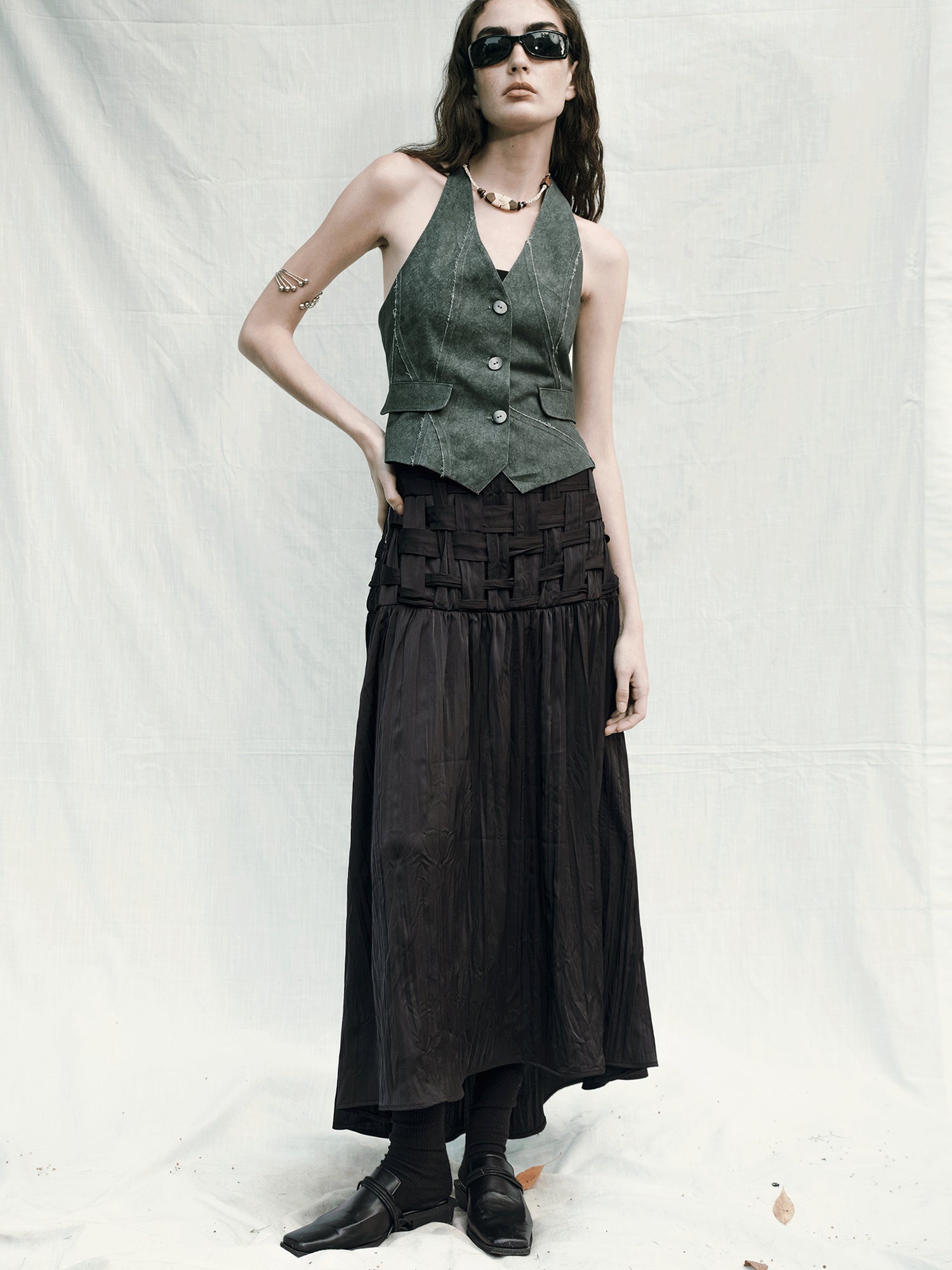 AnnoMundi Handwoven Texture A Line Midi Skirt With Asymmetric Hem
