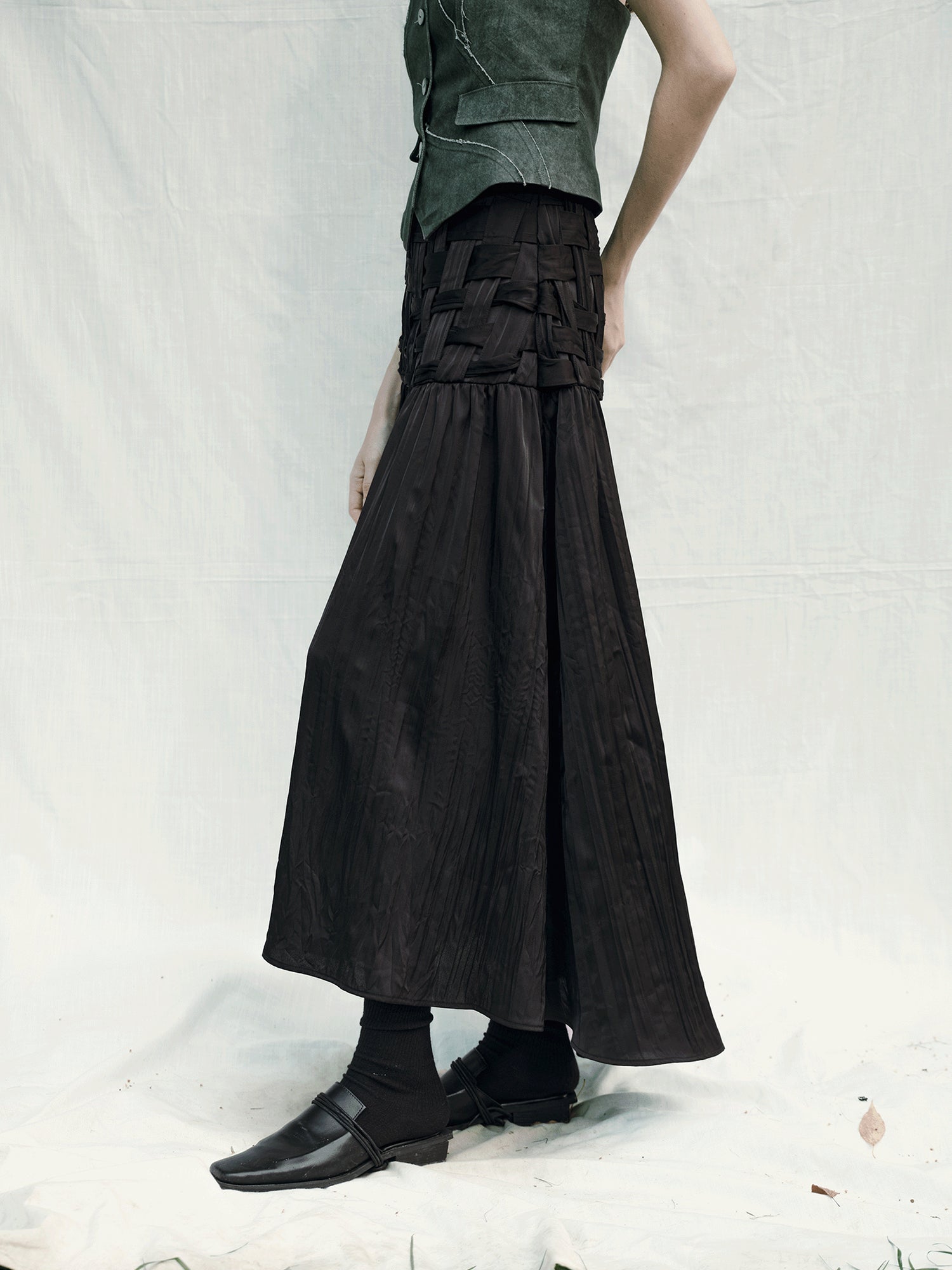 AnnoMundi Handwoven Texture A Line Midi Skirt With Asymmetric Hem