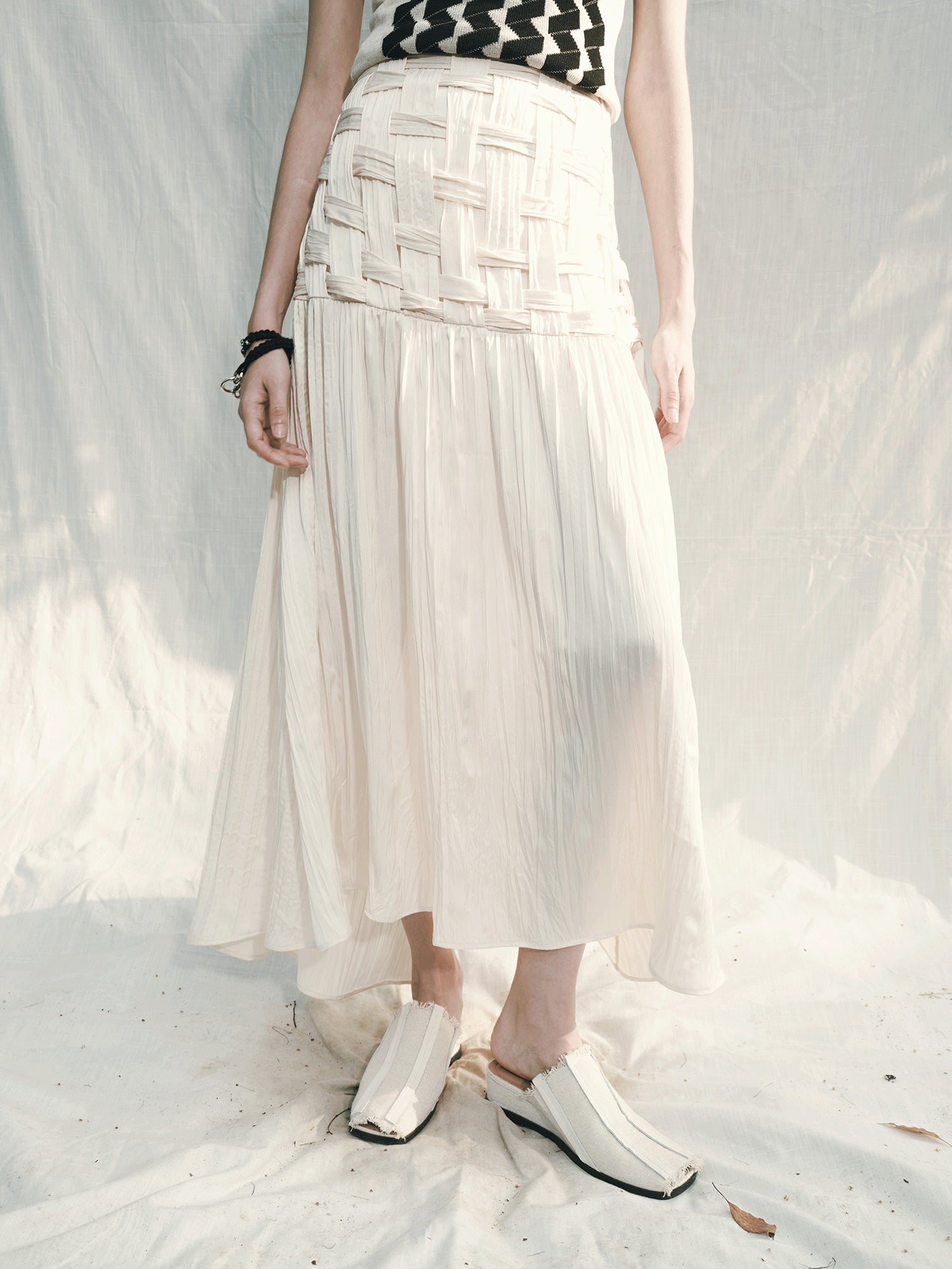 AnnoMundi Handwoven Texture A Line Midi Skirt With Asymmetric Hem