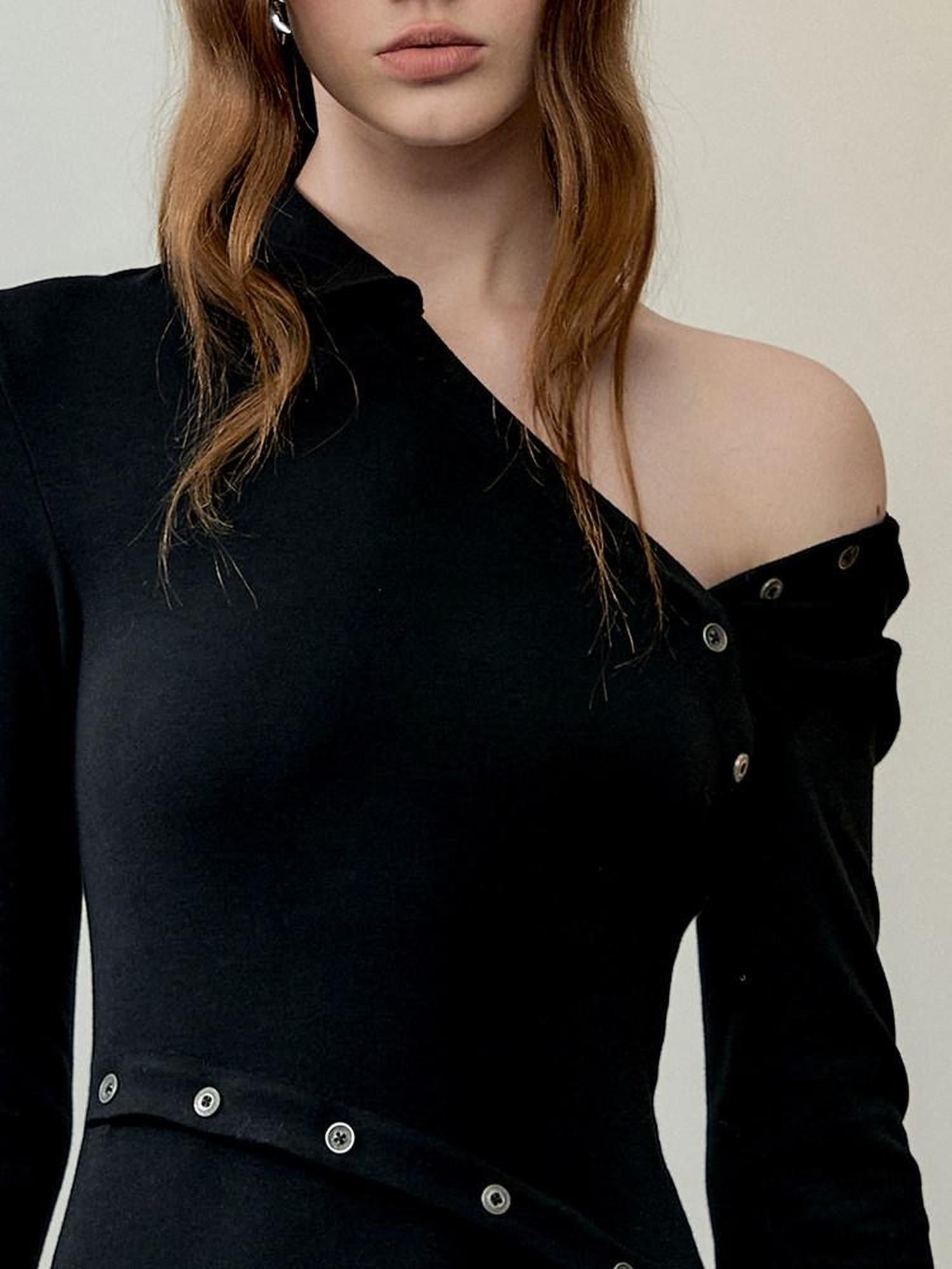 AnnoMundi High Waist Breathable Slim Collared Long Sleeve Casual Women Black Maxi Dresses