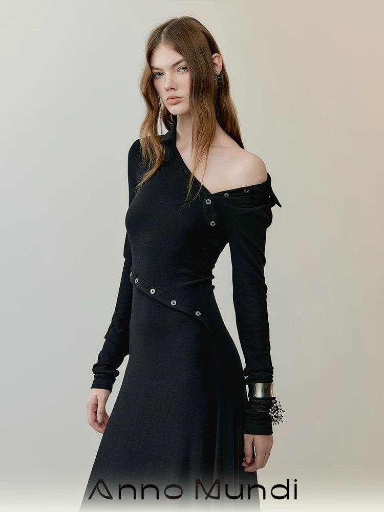AnnoMundi High Waist Breathable Slim Collared Long Sleeve Casual Women Black Maxi Dresses