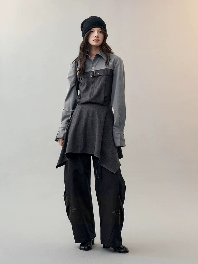 AnnoMundi High Waist Casual Mock Two Piece X Shape Longsleeve Women Dark Gray Mini Dresses