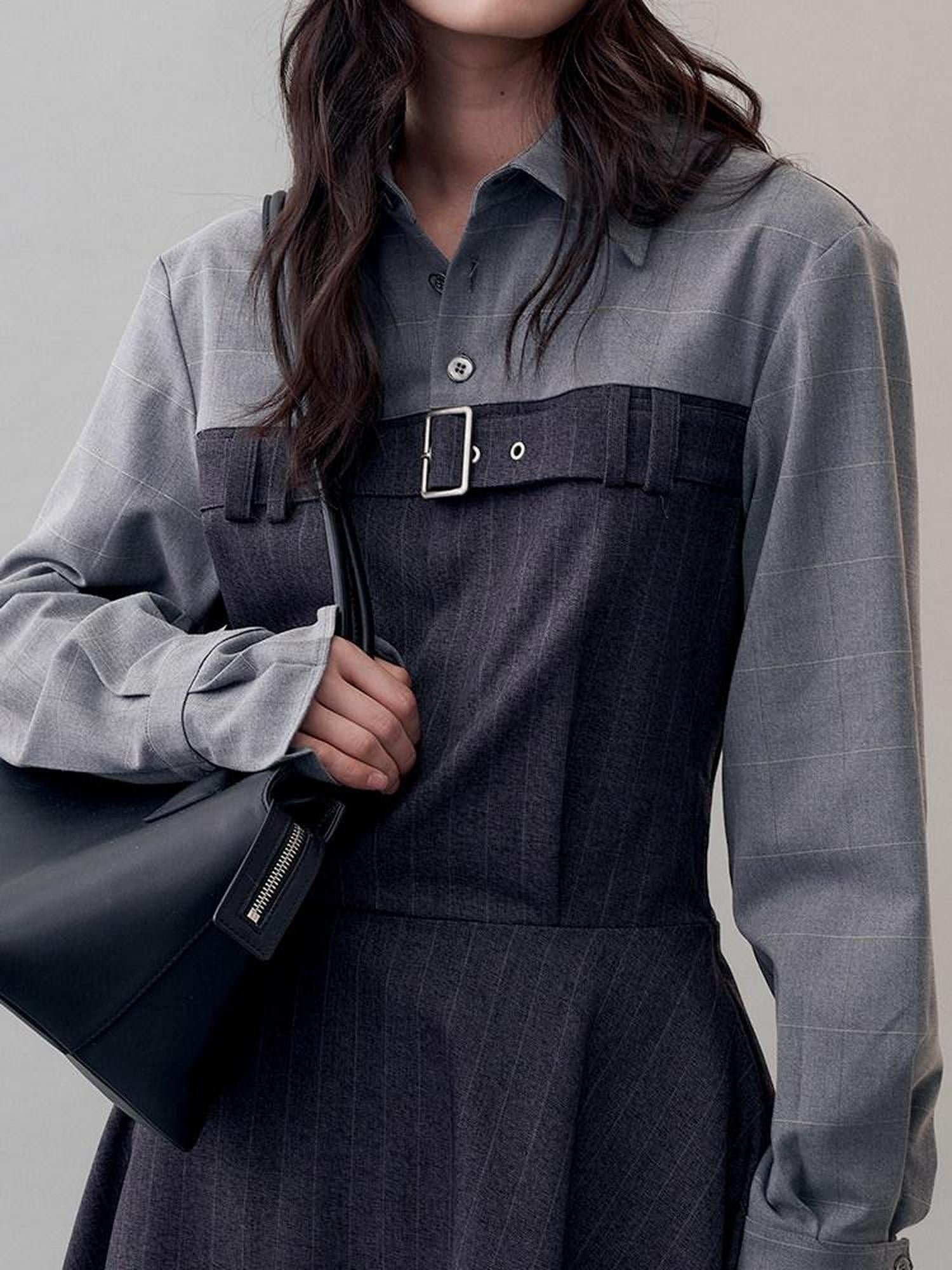 AnnoMundi High Waist Casual Mock Two Piece X Shape Longsleeve Women Dark Gray Mini Dresses