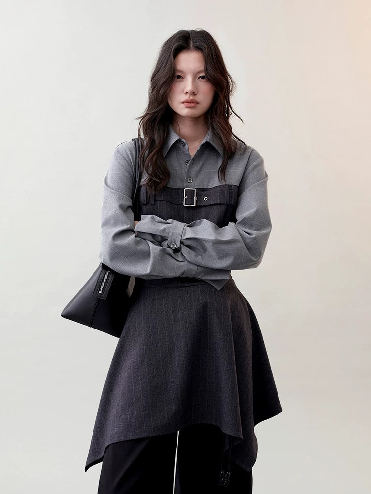 AnnoMundi High Waist Casual Mock Two Piece X Shape Longsleeve Women Dark Gray Mini Dresses