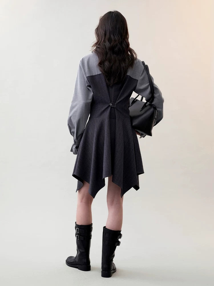 AnnoMundi High Waist Casual Mock Two Piece X Shape Longsleeve Women Dark Gray Mini Dresses