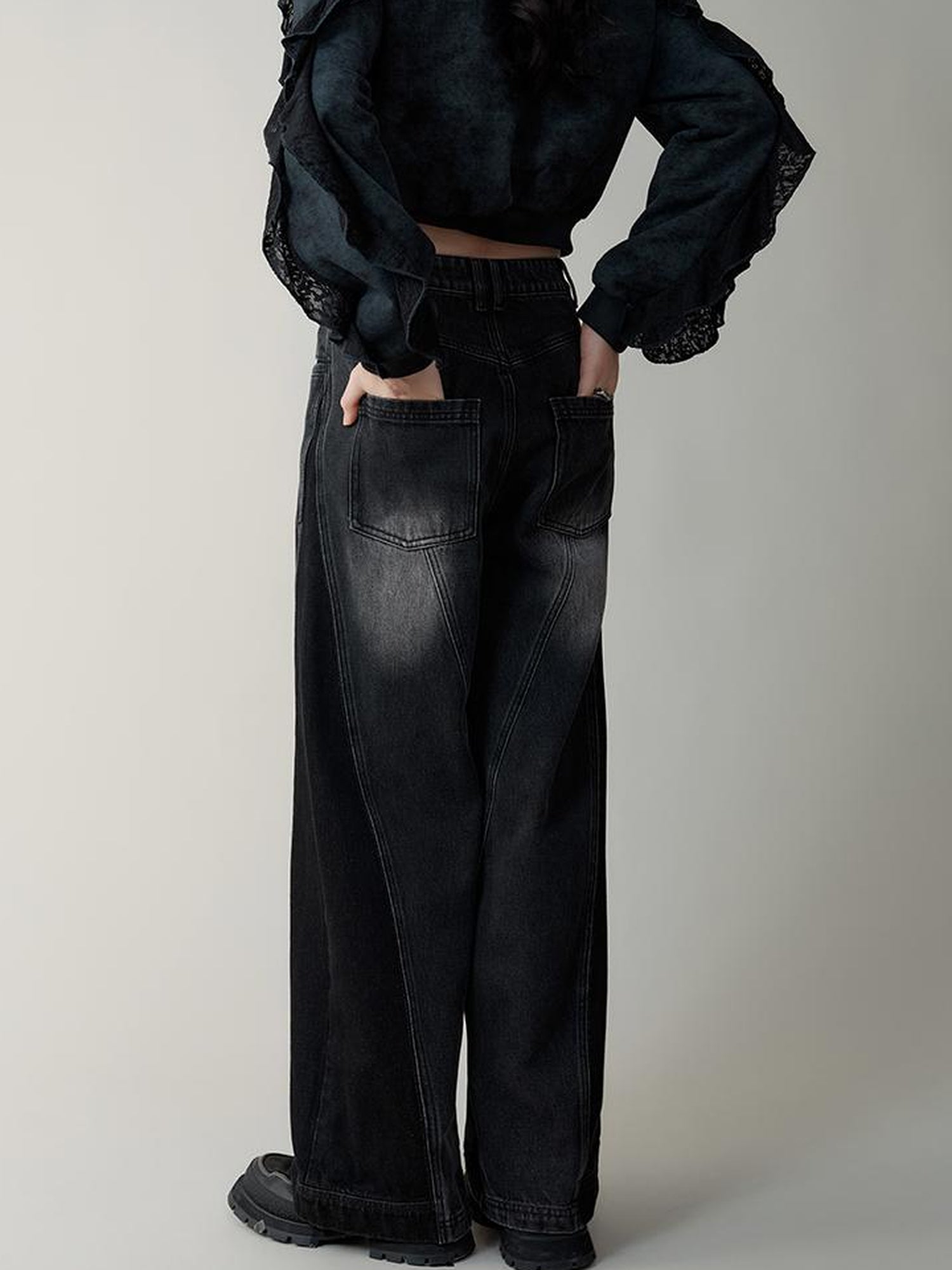 AnnoMundi High Waist Washed Wide Leg Denim Pants