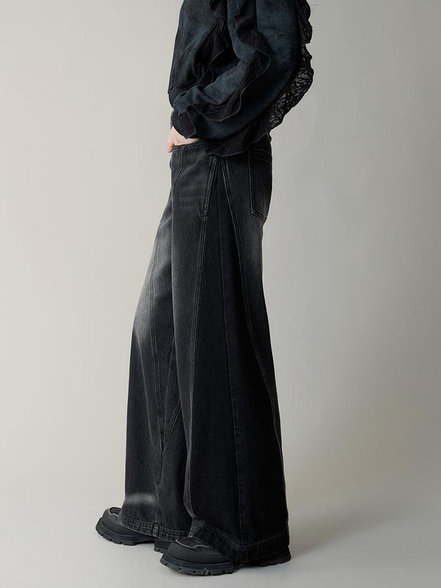 AnnoMundi High Waist Washed Wide Leg Denim Pants