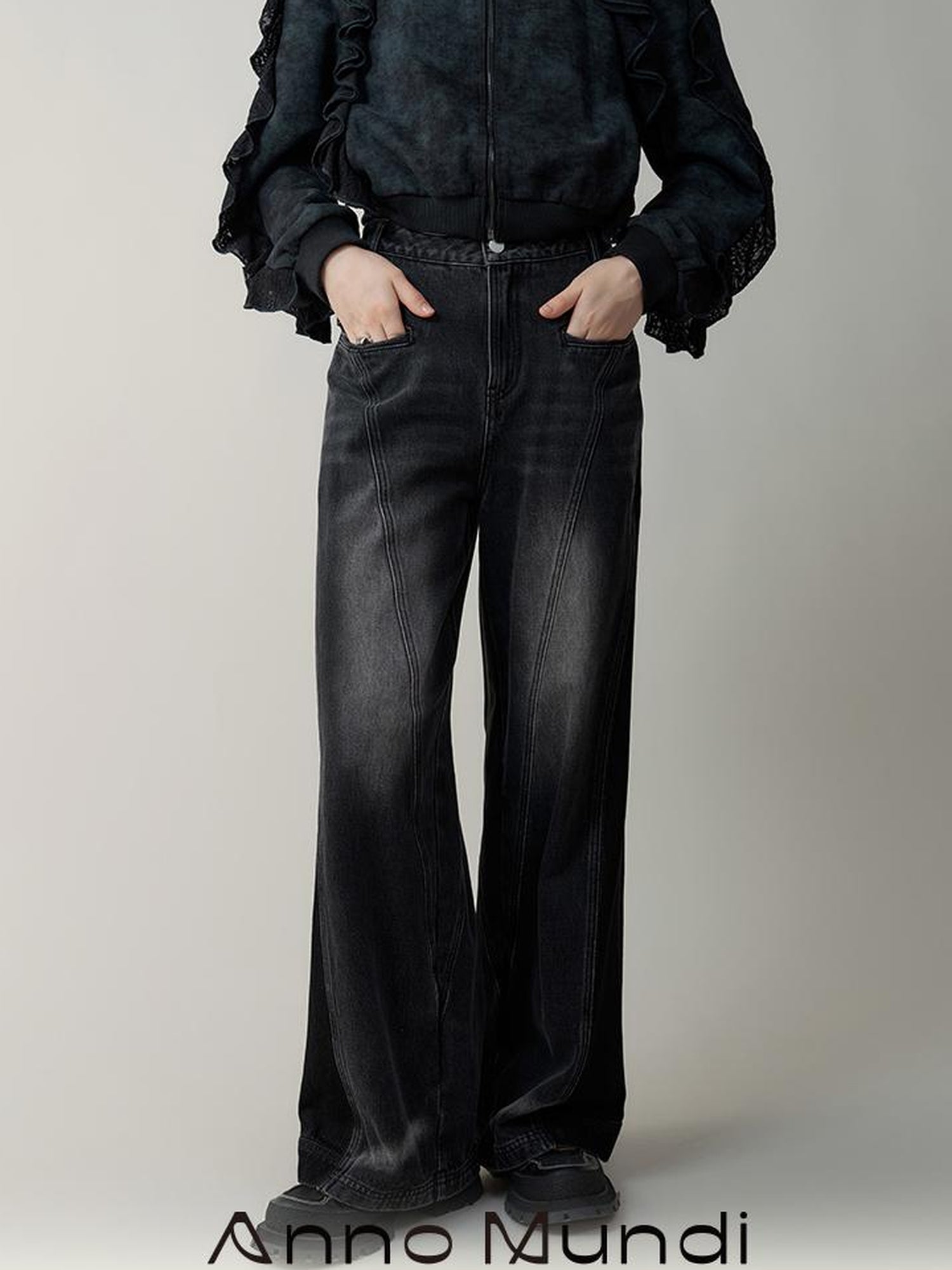 AnnoMundi High Waist Washed Wide Leg Denim Pants