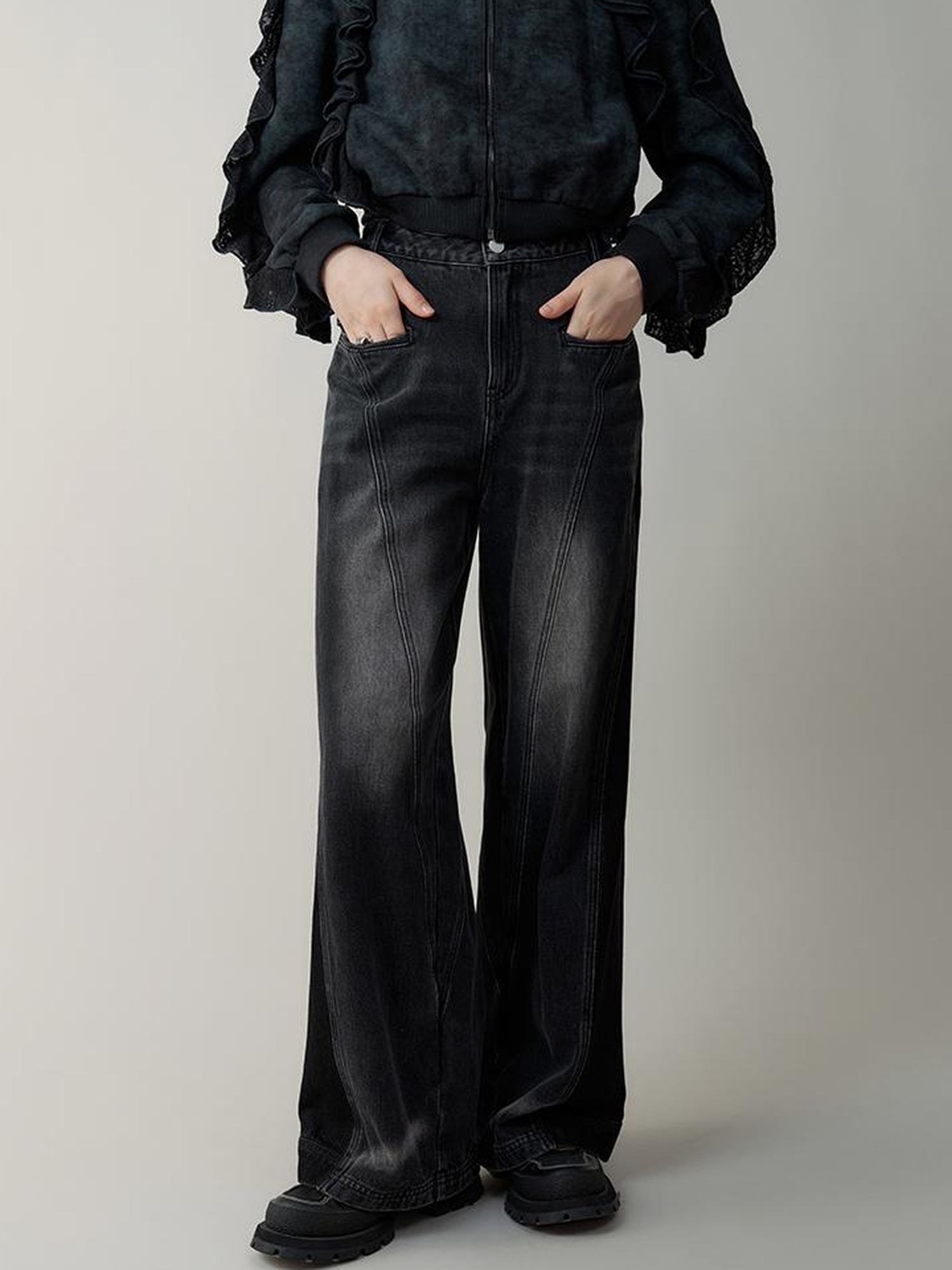 AnnoMundi High Waist Washed Wide Leg Denim Pants