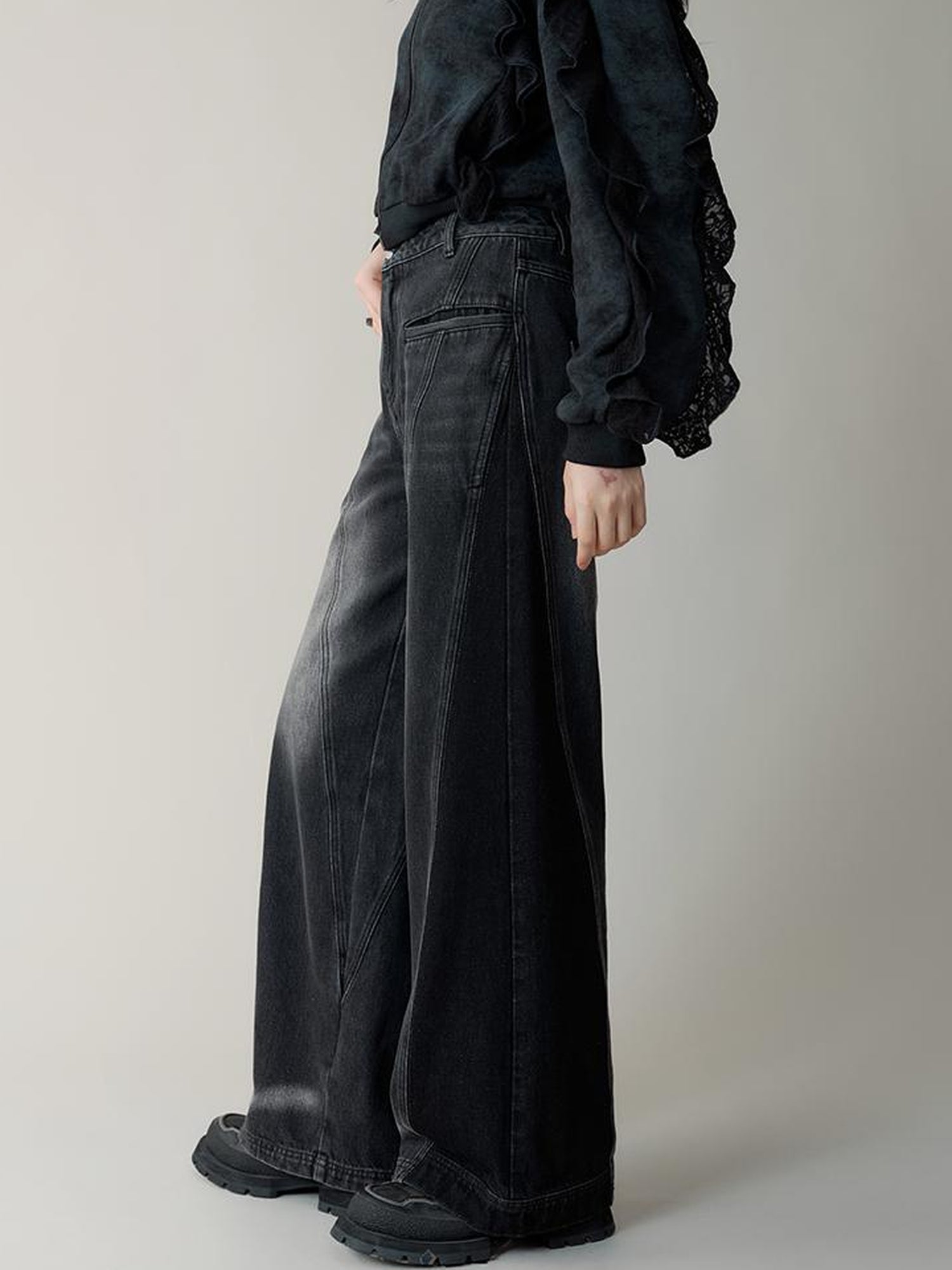 AnnoMundi High Waist Washed Wide Leg Denim Pants