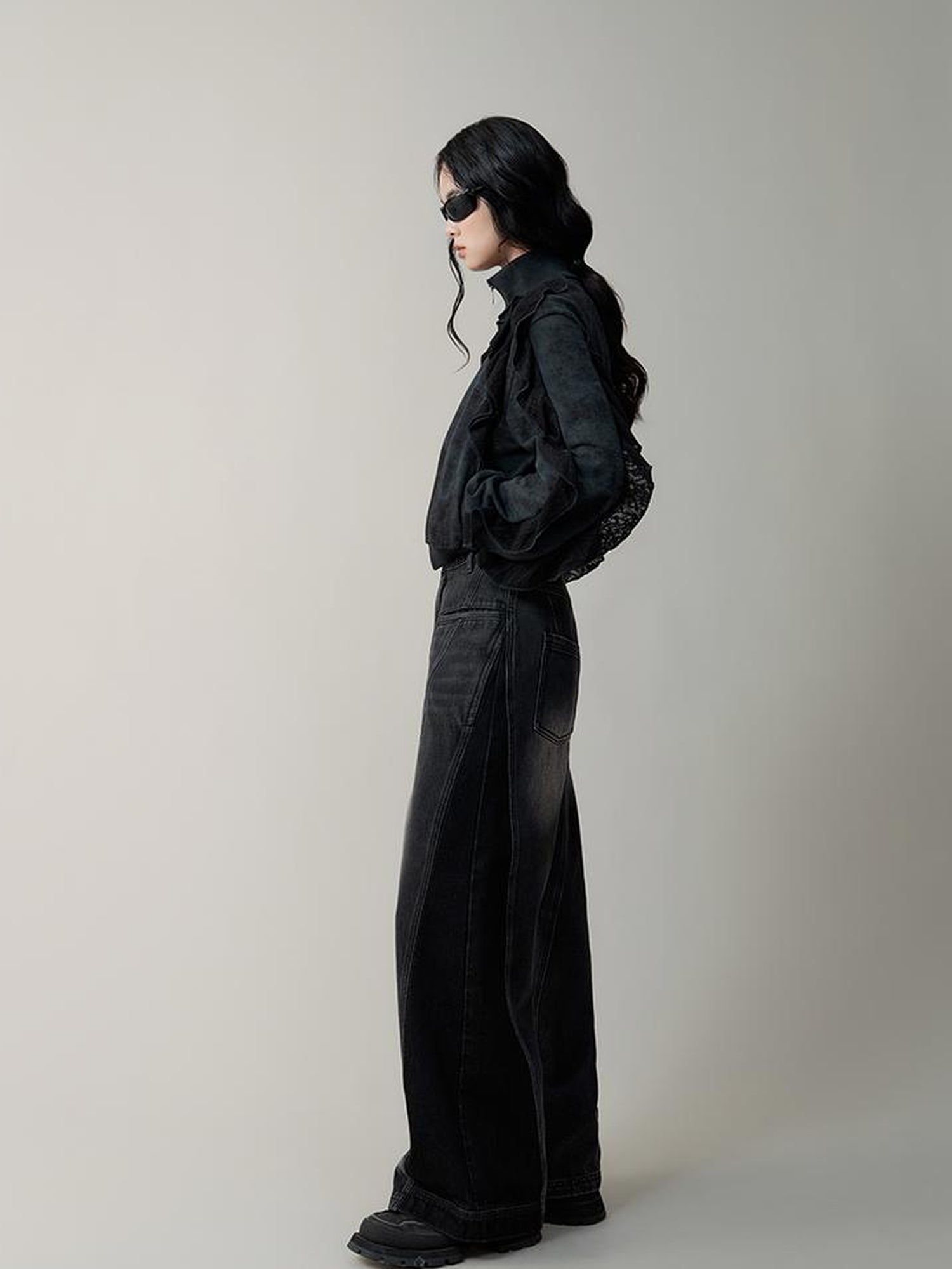 AnnoMundi High Waist Washed Wide Leg Denim Pants