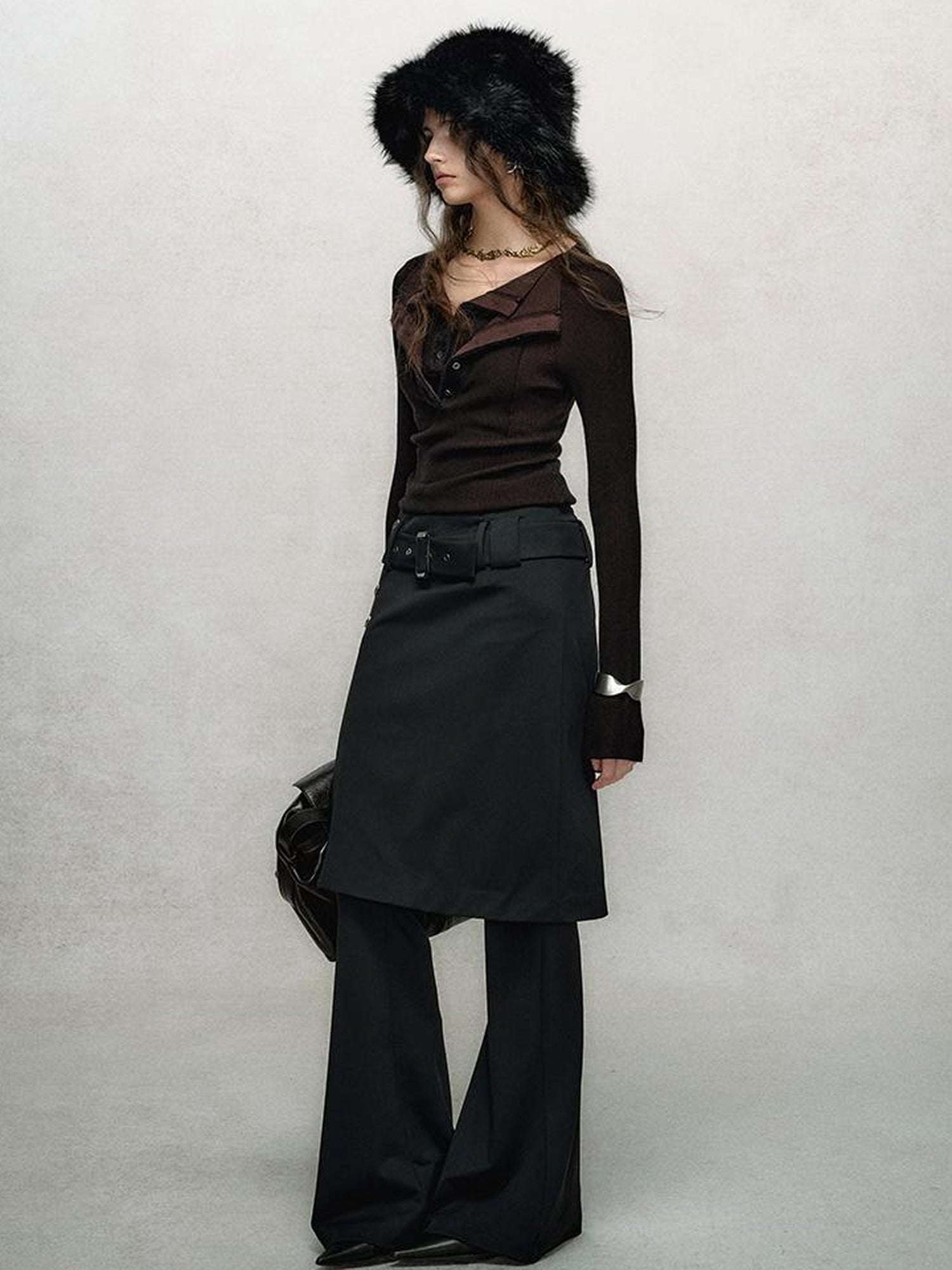 AnnoMundi High Waisted Flared Palazzo Pants with Detachable Skirt Detail
