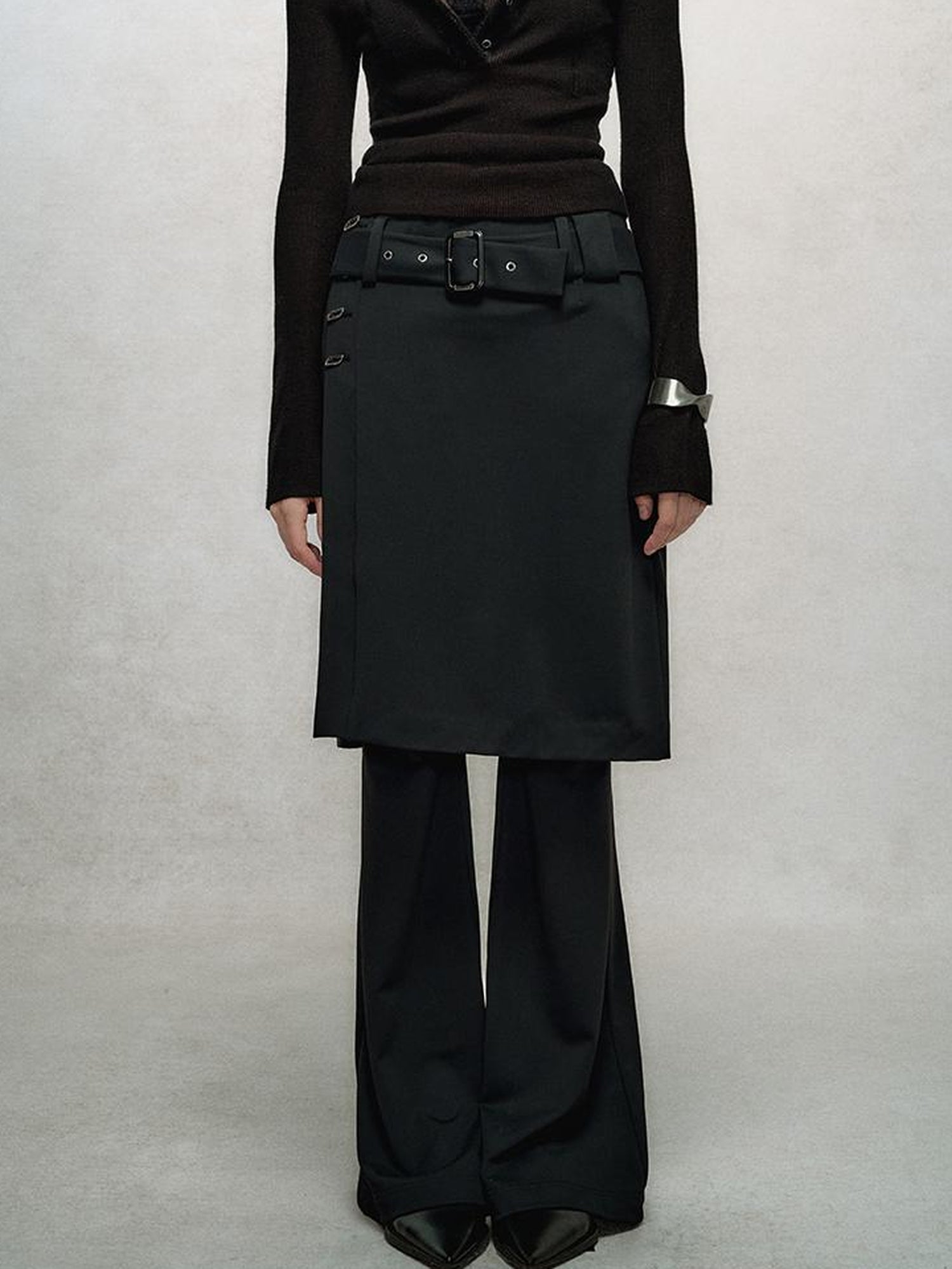 AnnoMundi High Waisted Flared Palazzo Pants with Detachable Skirt Detail