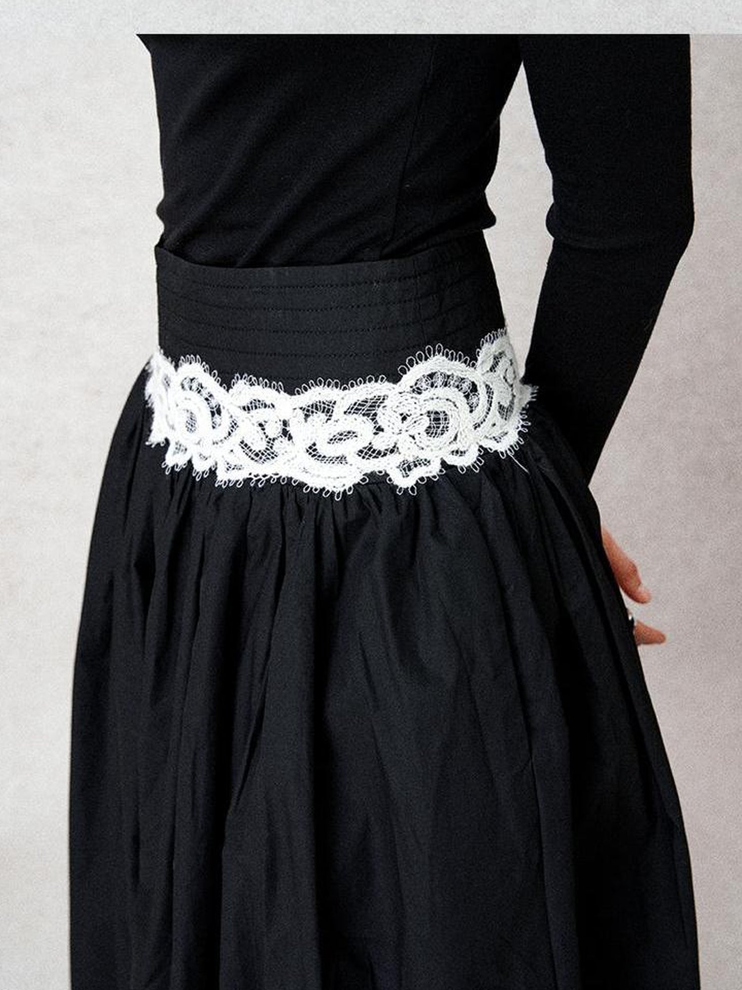 AnnoMundi High Waisted Lace Trimmed A Line Maxi Skirt Black
