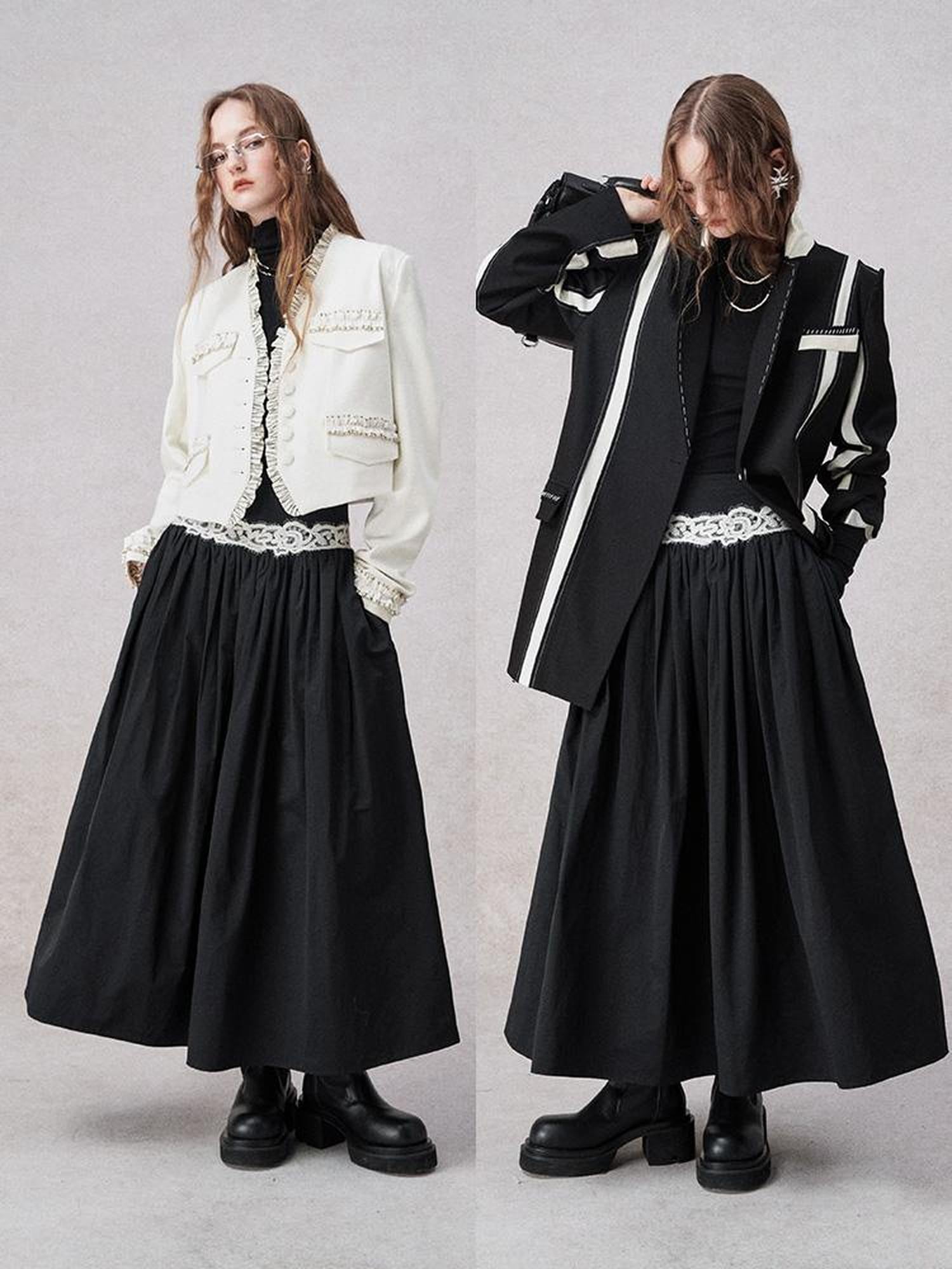 AnnoMundi High Waisted Lace Trimmed A Line Maxi Skirt Black