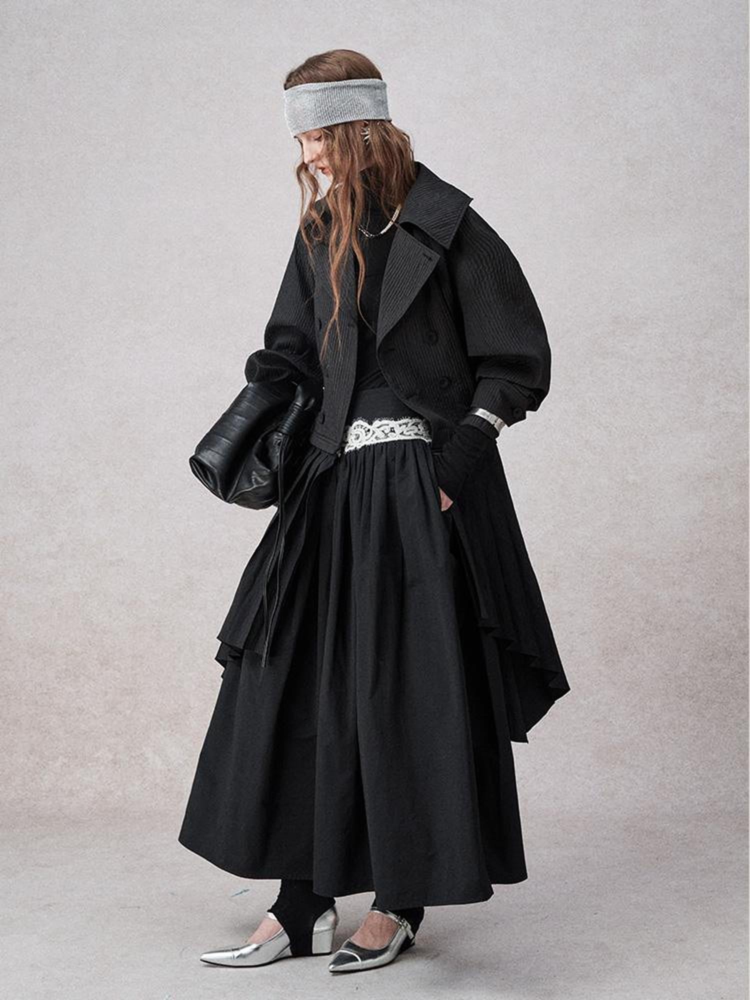 AnnoMundi High Waisted Lace Trimmed A Line Maxi Skirt Black