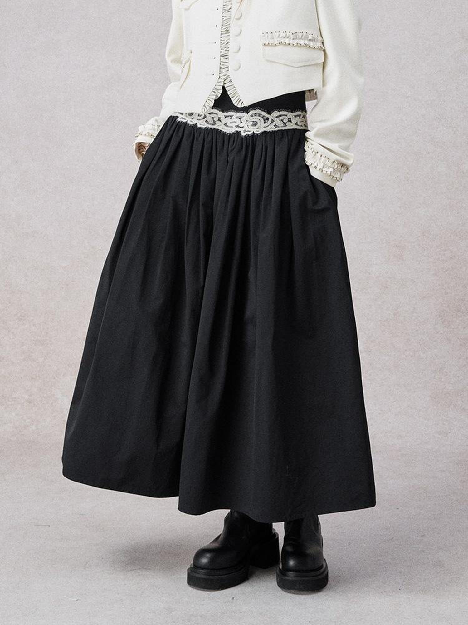 AnnoMundi High Waisted Lace Trimmed A Line Maxi Skirt Black