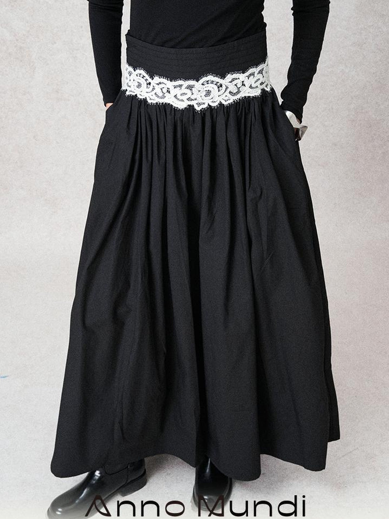 AnnoMundi High Waisted Lace Trimmed A Line Maxi Skirt Black