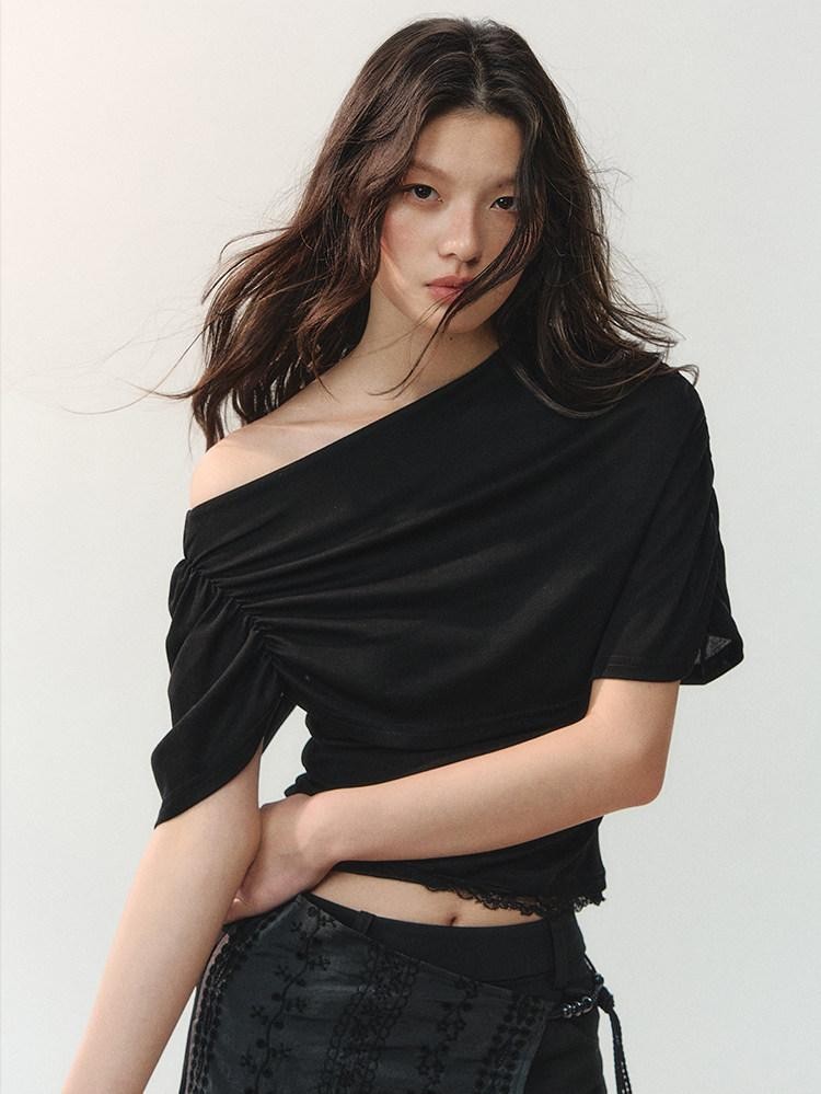 AnnoMundi Ink Black Soft Pleat Lace Spliced Asymmetric Wrap Women&