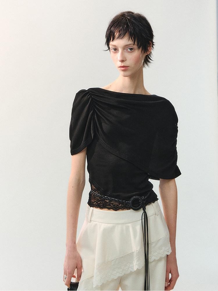 AnnoMundi Ink Black Soft Pleat Lace Spliced Asymmetric Wrap Women&
