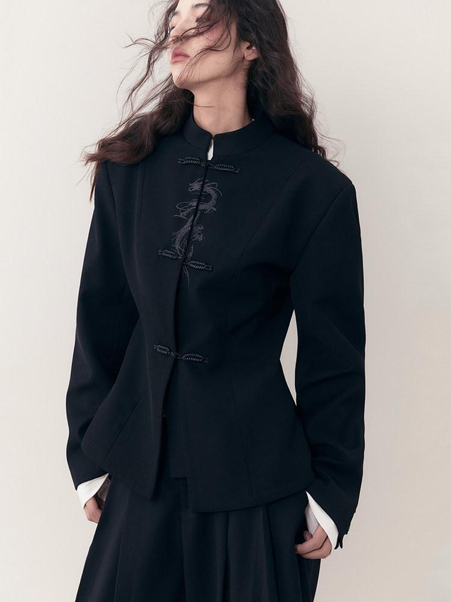 AnnoMundi Ink Black Sparkle Dragon Embroidered Modern Chinese Slim Fit Women&