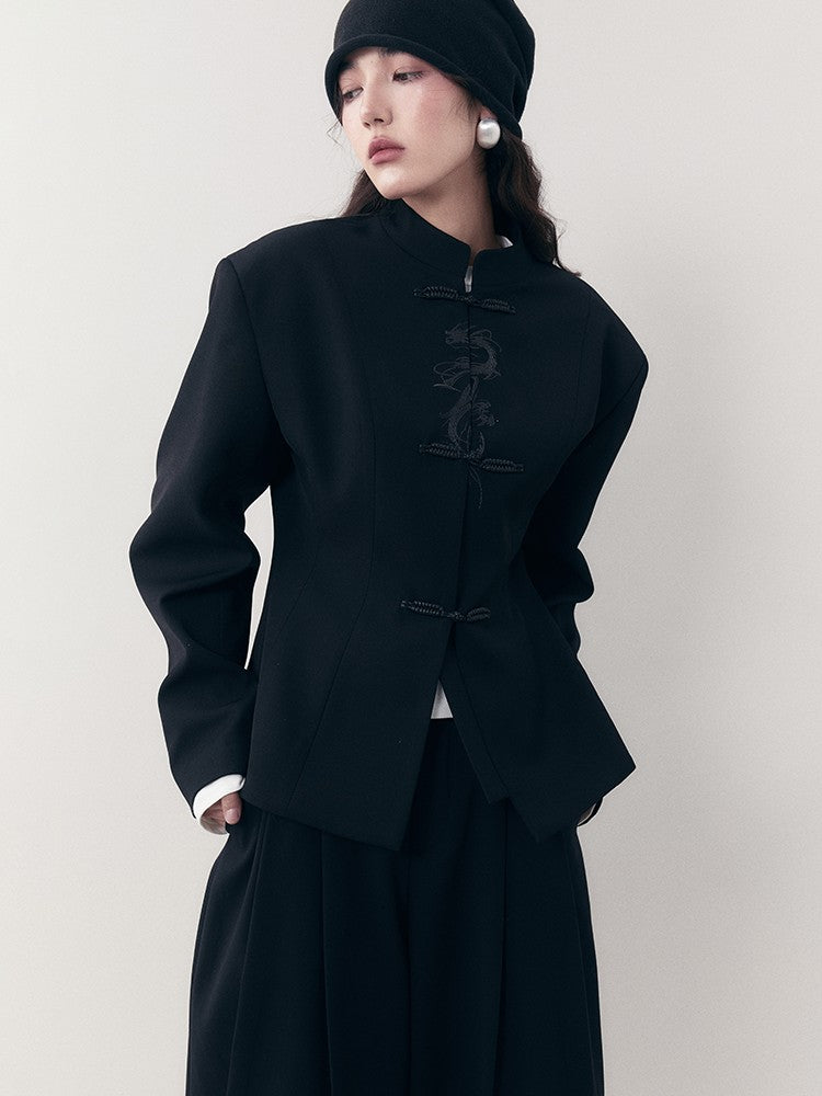 AnnoMundi Ink Black Sparkle Dragon Embroidered Modern Chinese Slim Fit Women&