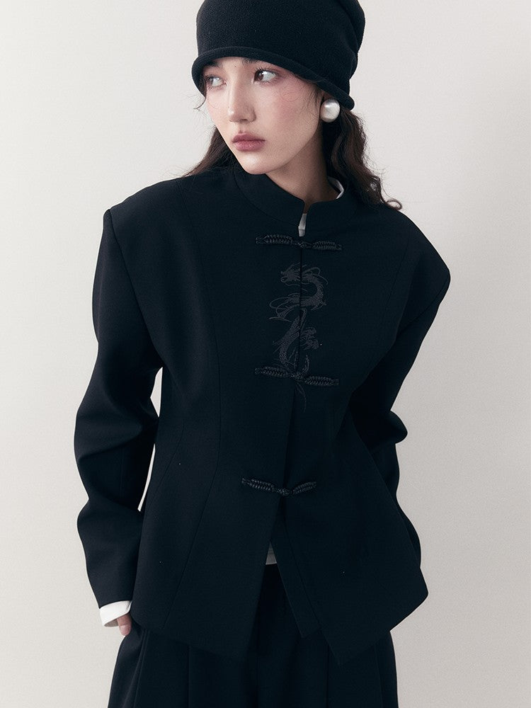 AnnoMundi Ink Black Sparkle Dragon Embroidered Modern Chinese Slim Fit Women&