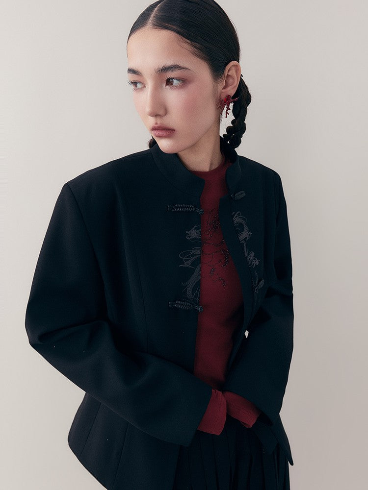 AnnoMundi Ink Black Sparkle Dragon Embroidered Modern Chinese Slim Fit Women&