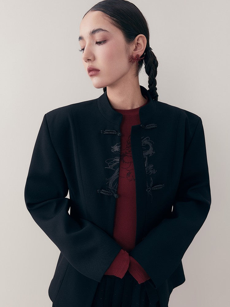 AnnoMundi Ink Black Sparkle Dragon Embroidered Modern Chinese Slim Fit Women&