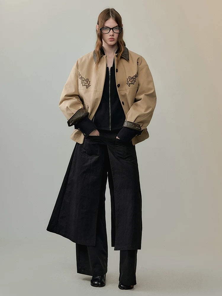 AnnoMundi Insulated Warm Cropped Relaxed Fit Long Sleeve Zipper Front Khaki Jacket