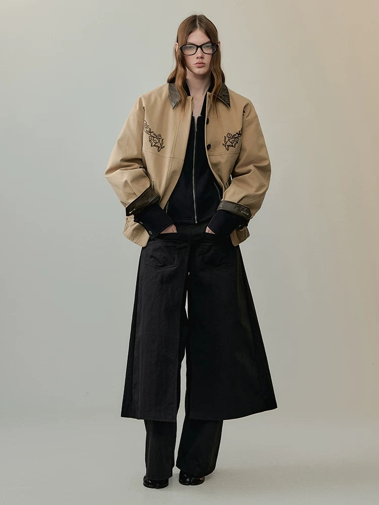 AnnoMundi Insulated Warm Cropped Relaxed Fit Long Sleeve Zipper Front Khaki Jacket