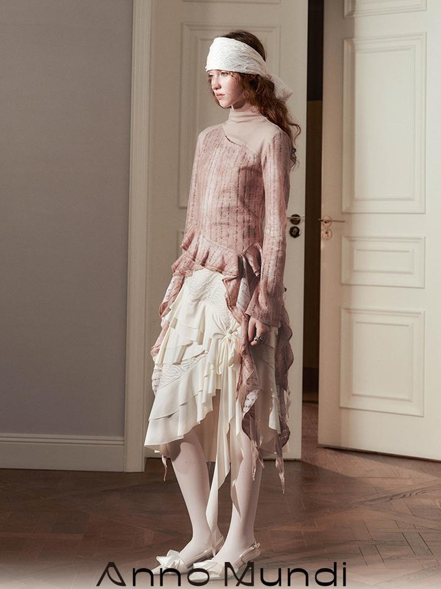 AnnoMundi Irregular Ruffle Knit V-Neck T-Shirt Long Sleeve Top