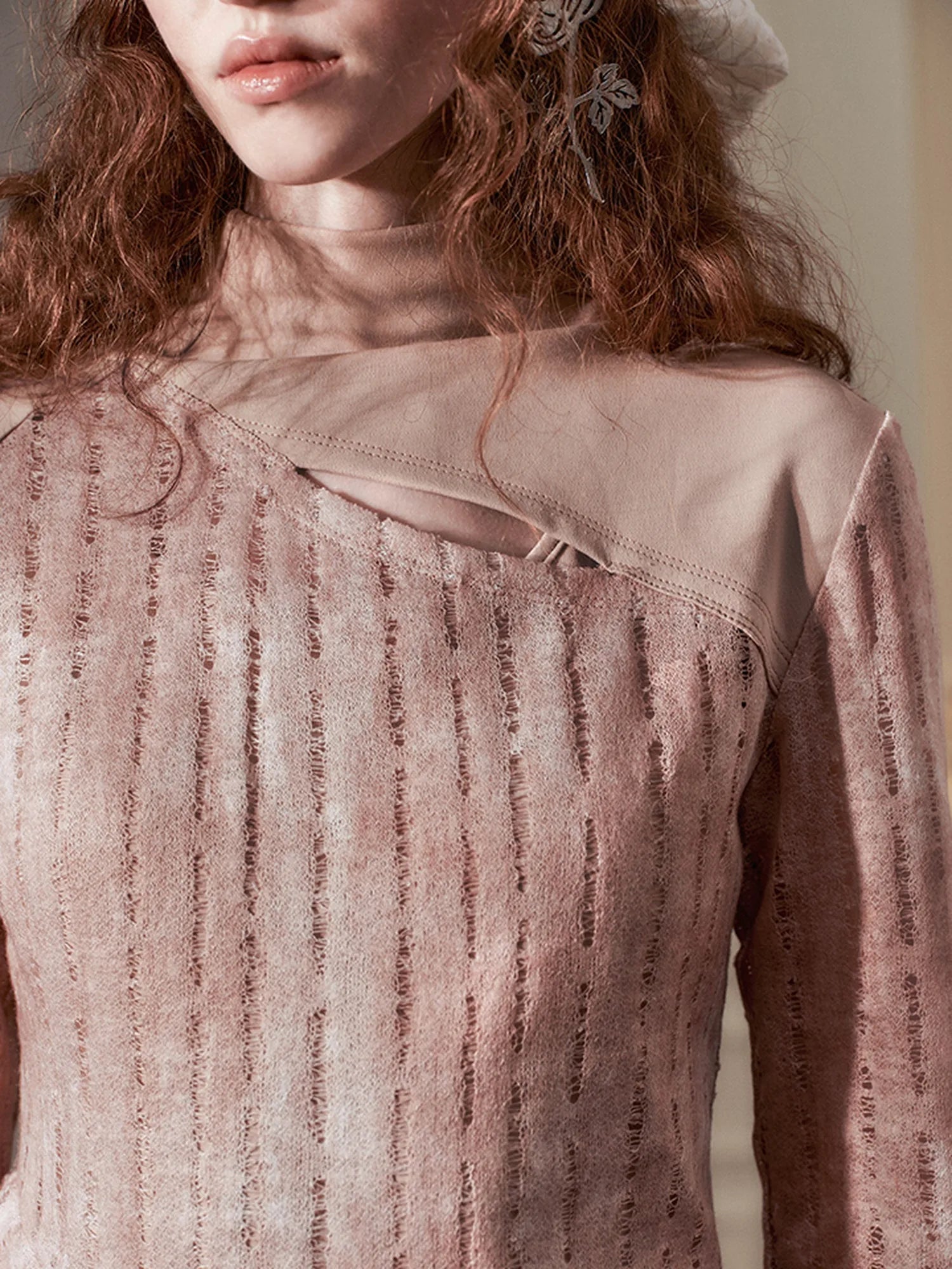 Irregular Ruffle Knit V-Neck T-Shirt Long Sleeve Top