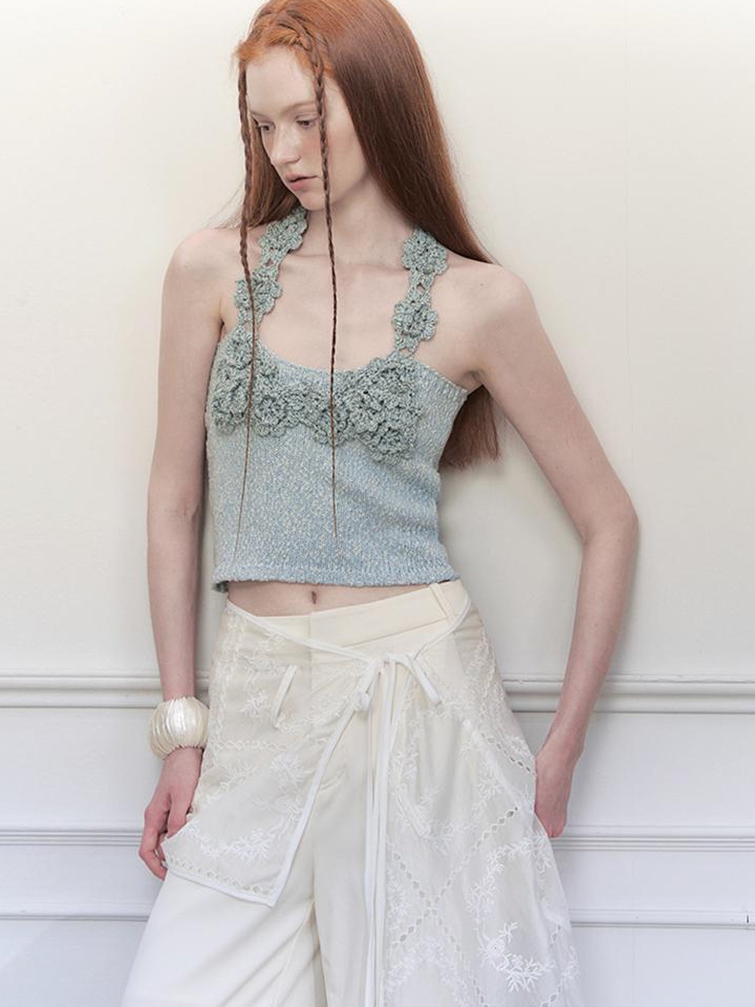 AnnoMundi Knitted Halter Top With Open Back And Hand Crochet Floral