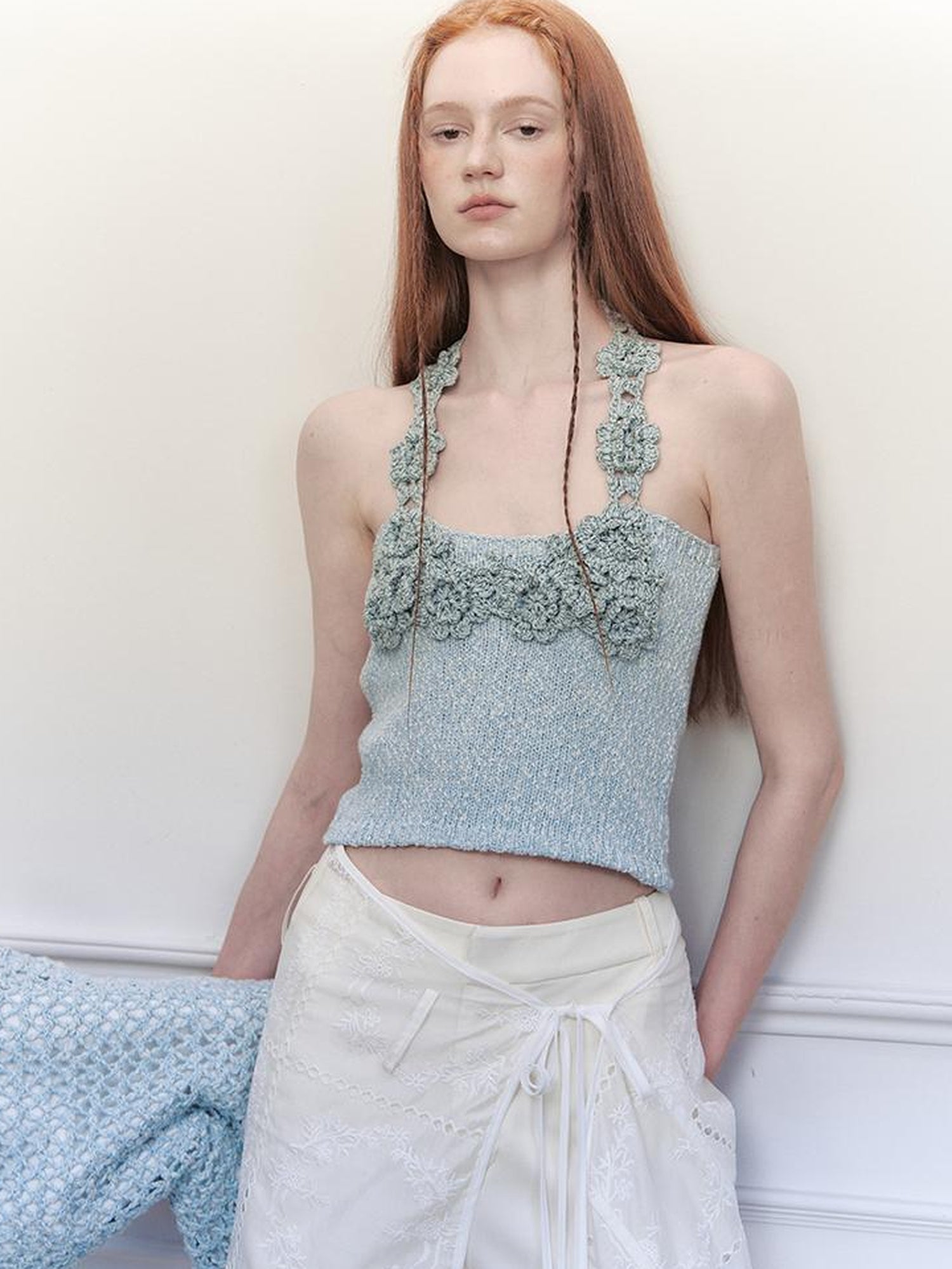 AnnoMundi Knitted Halter Top With Open Back And Hand Crochet Floral