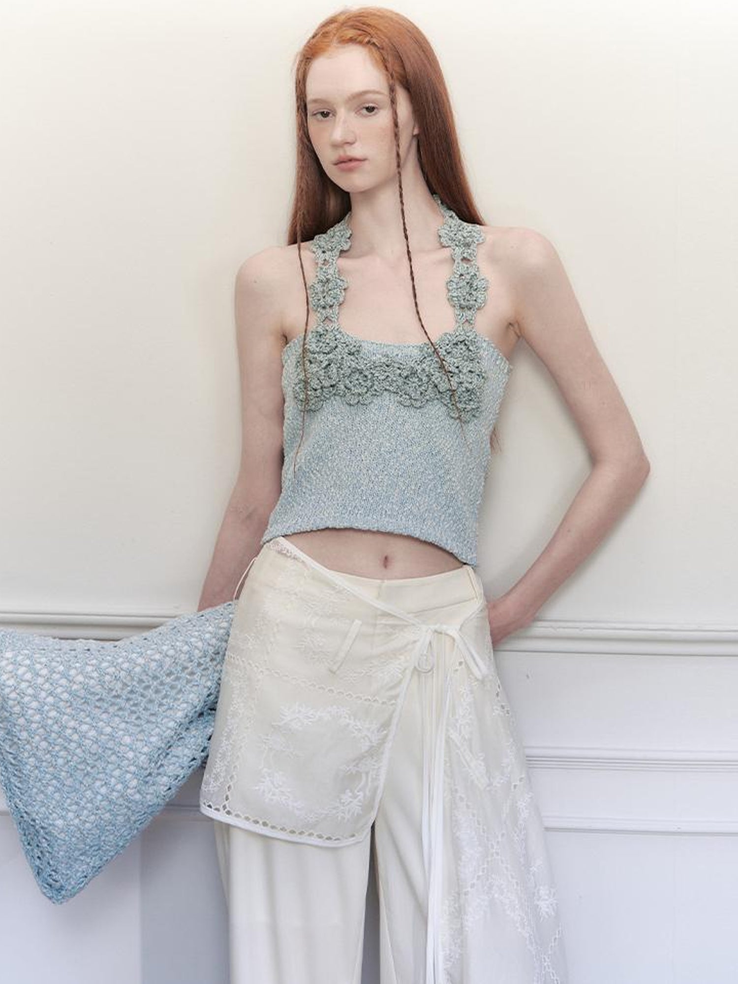 AnnoMundi Knitted Halter Top With Open Back And Hand Crochet Floral