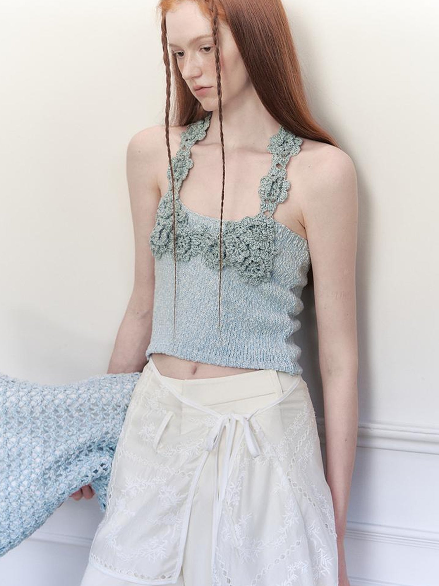 AnnoMundi Knitted Halter Top With Open Back And Hand Crochet Floral