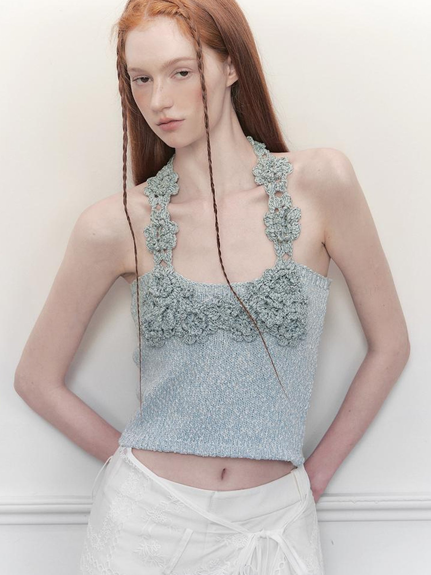 AnnoMundi Knitted Halter Top With Open Back And Hand Crochet Floral