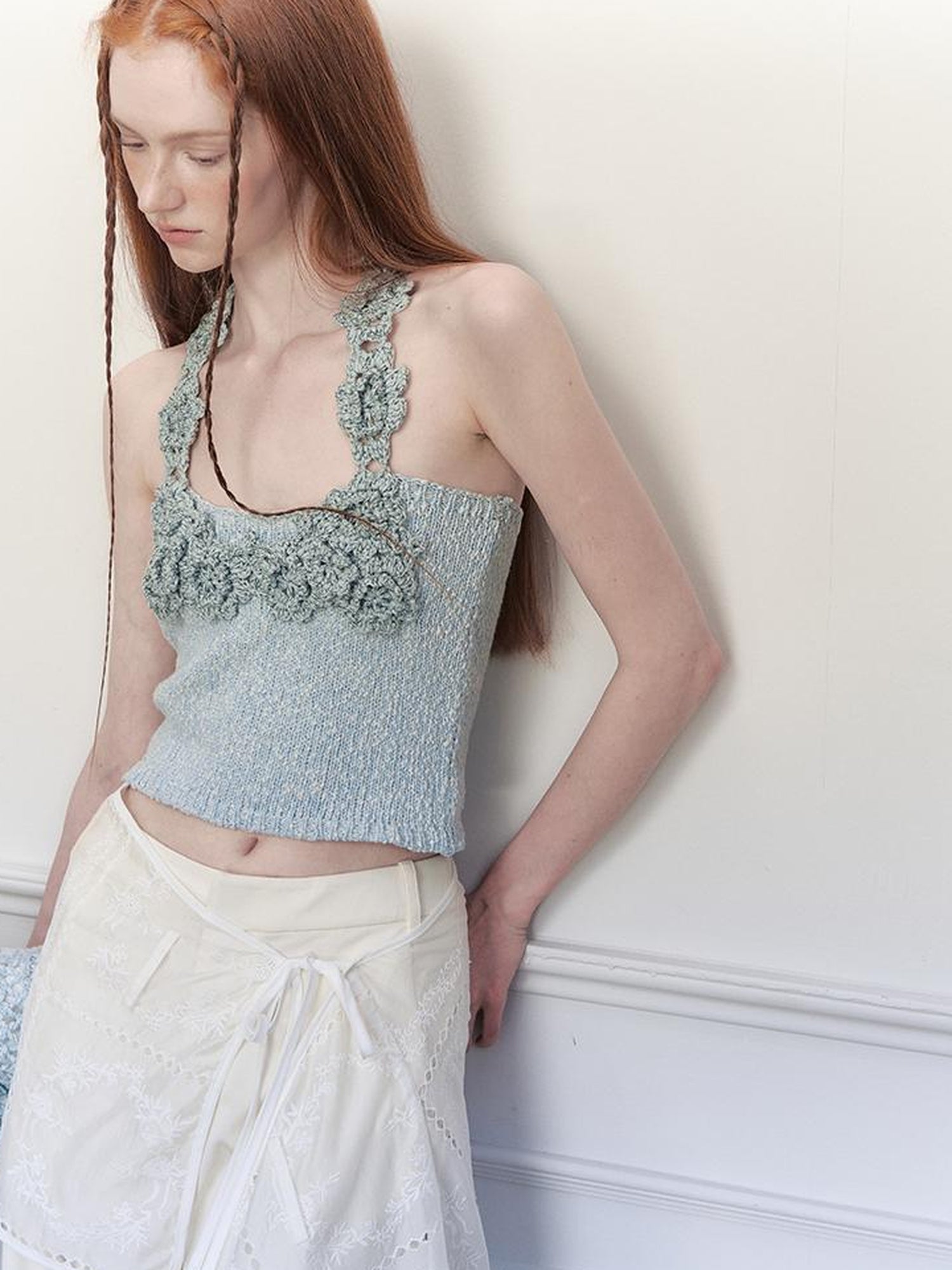 AnnoMundi Knitted Halter Top With Open Back And Hand Crochet Floral