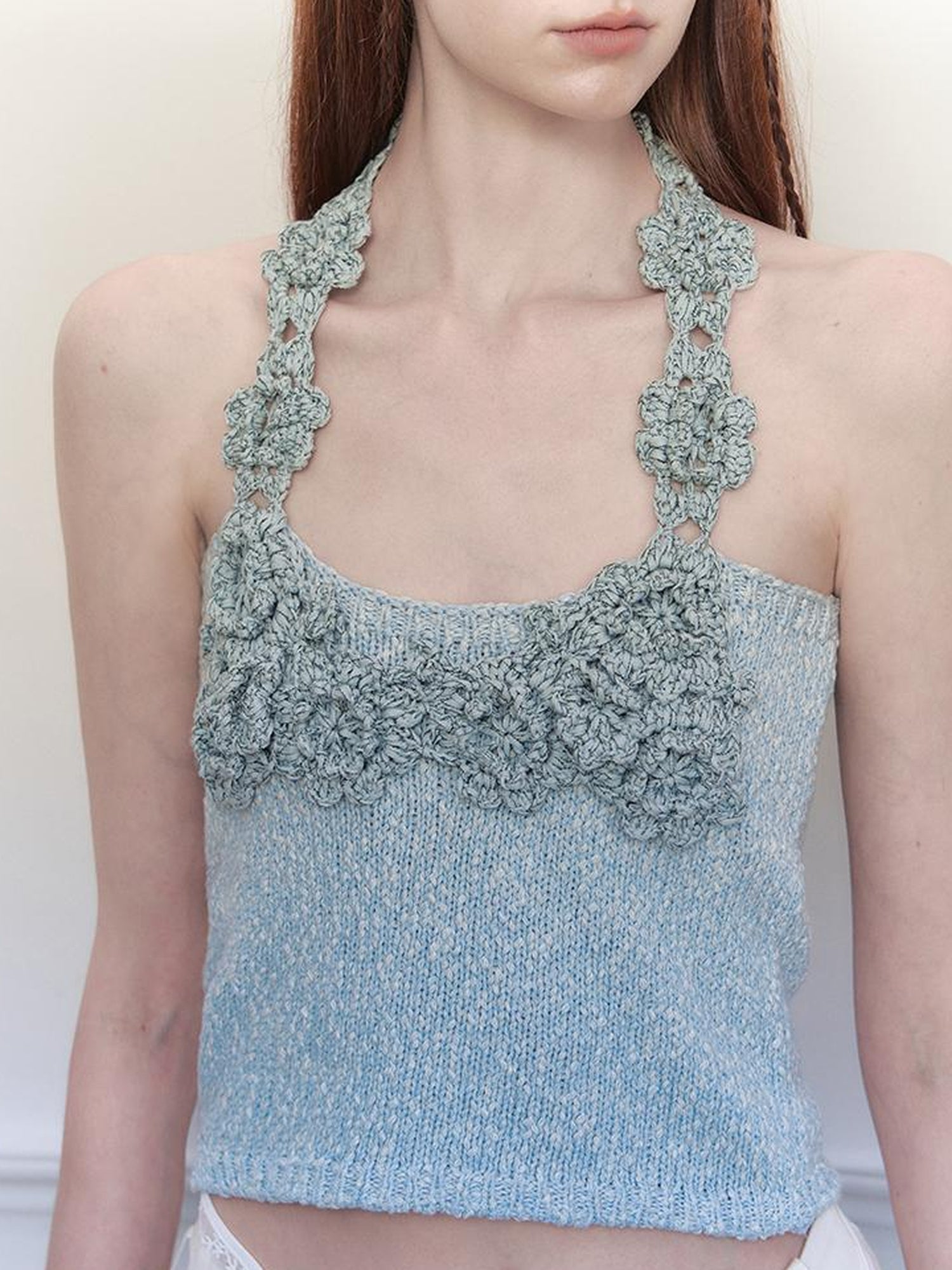 AnnoMundi Knitted Halter Top With Open Back And Hand Crochet Floral