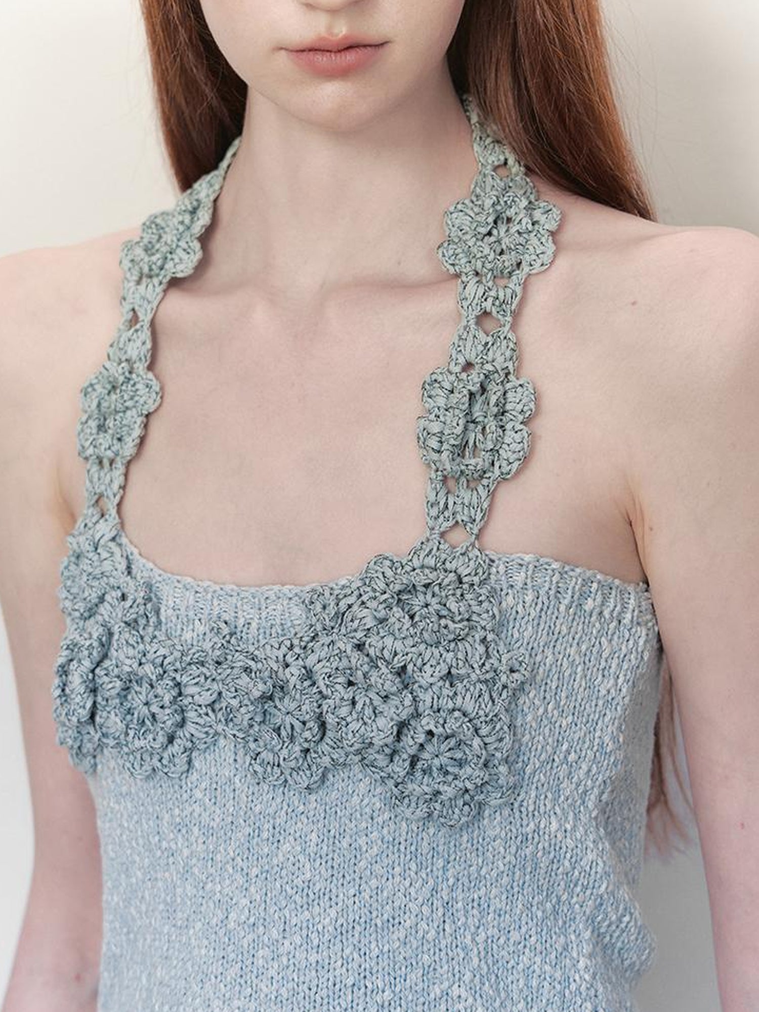 AnnoMundi Knitted Halter Top With Open Back And Hand Crochet Floral