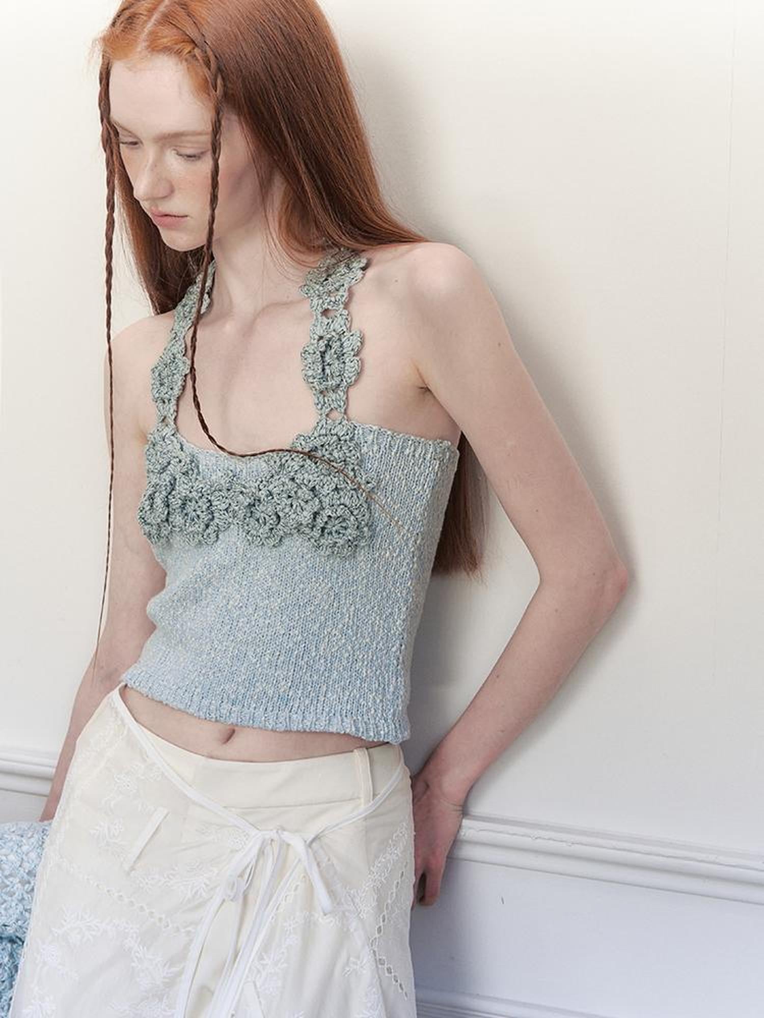 AnnoMundi Knitted Halter Top With Open Back And Hand Crochet Floral