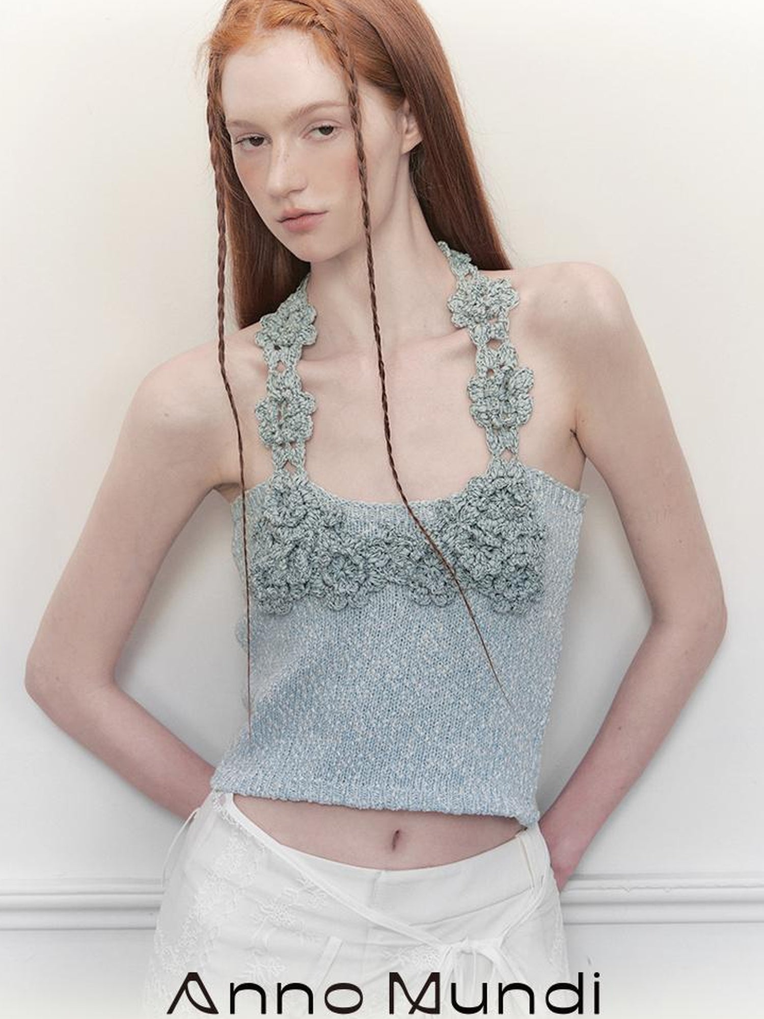 AnnoMundi Knitted Halter Top With Open Back And Hand Crochet Floral