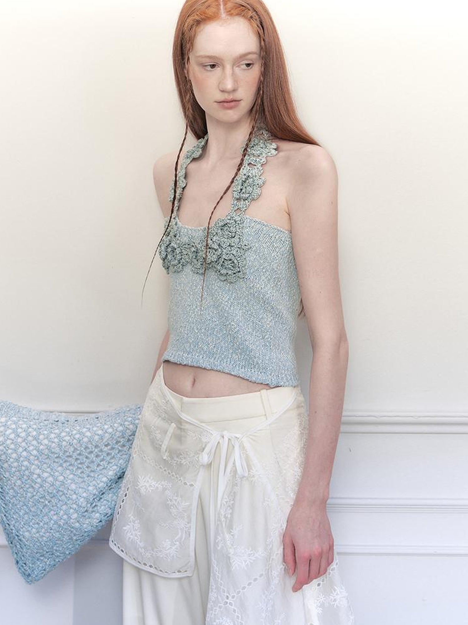 AnnoMundi Knitted Halter Top With Open Back And Hand Crochet Floral