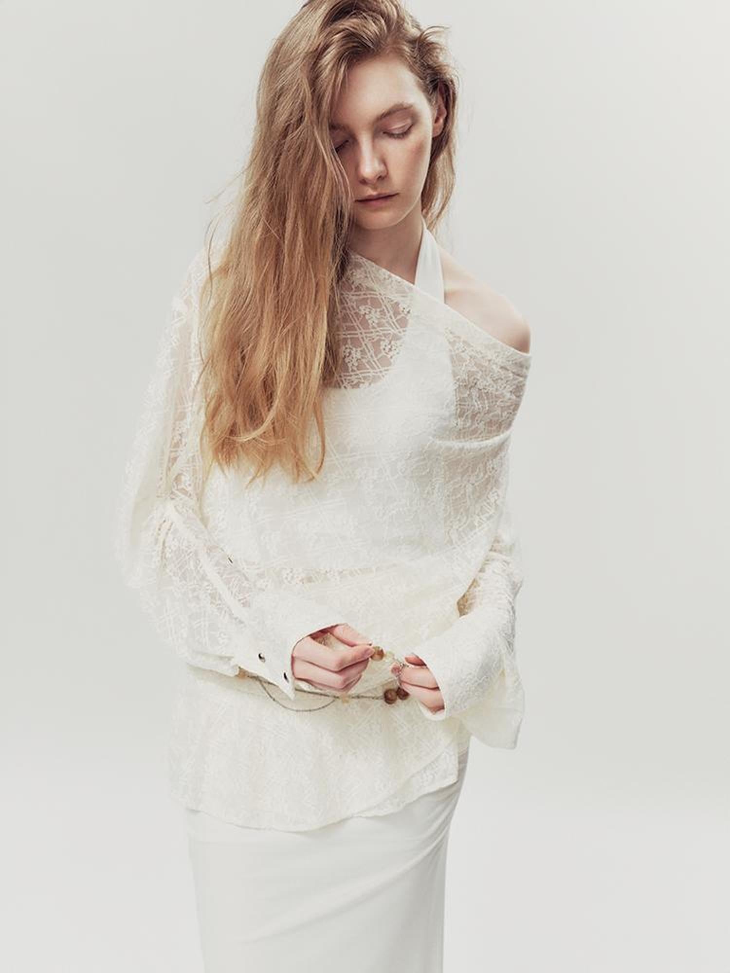 AnnoMundi Lace Bloom Draped Cover Up V Neck T Shirt Long Sleeve
