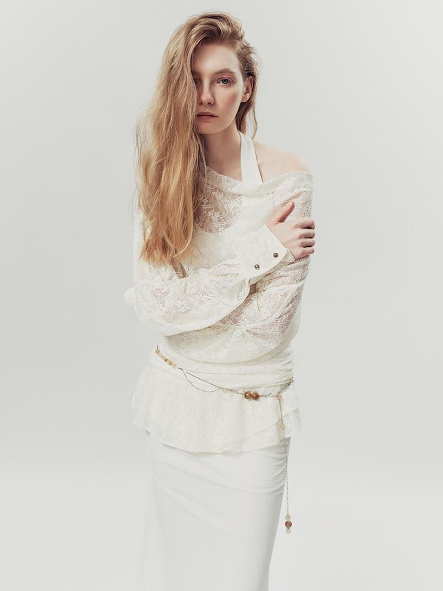 AnnoMundi Lace Bloom Draped Cover Up V Neck T Shirt Long Sleeve