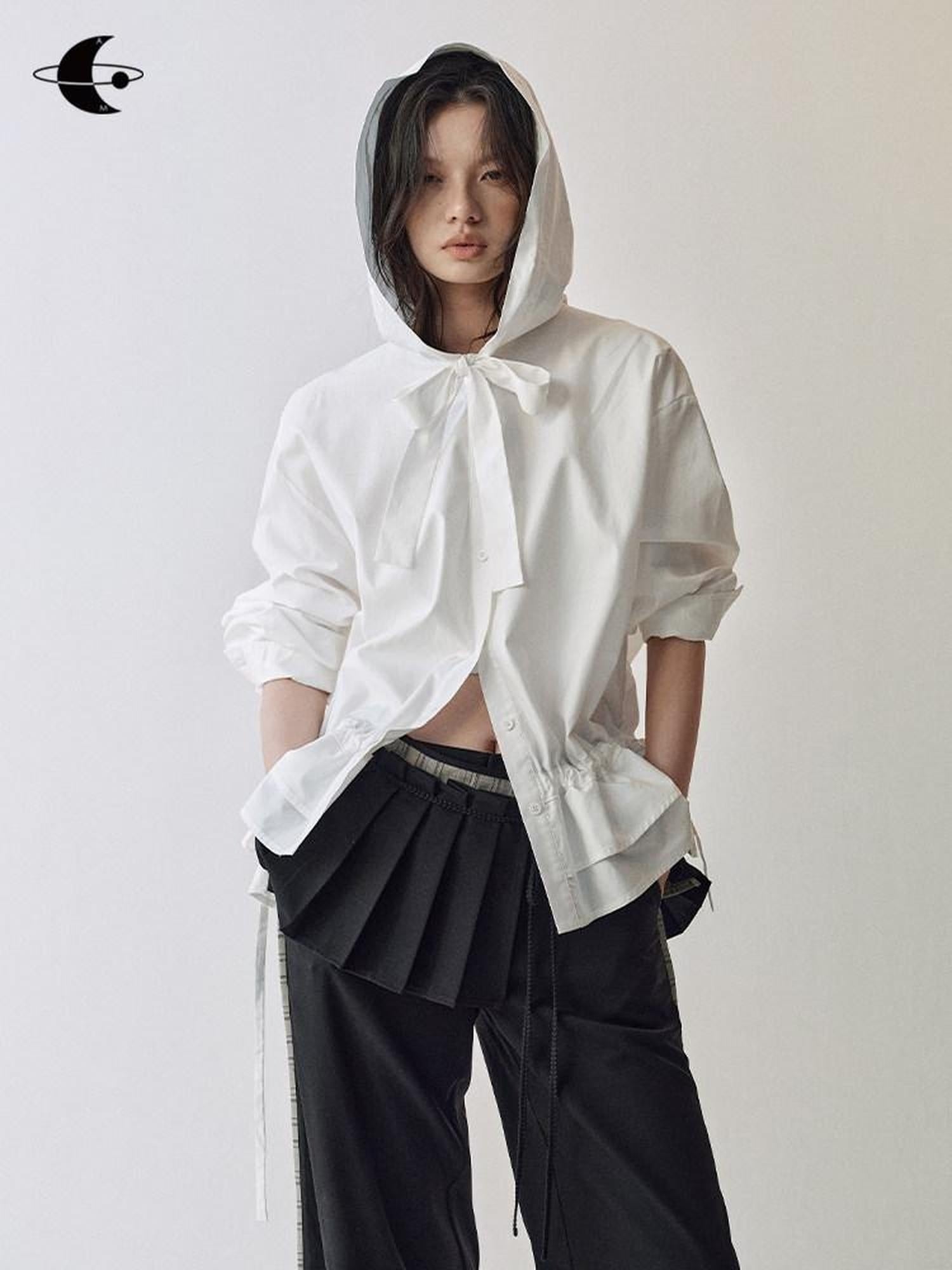 AnnoMundi Lace Collar Tie Hooded Loose Pleated Women White Cotton Tencel Blouse